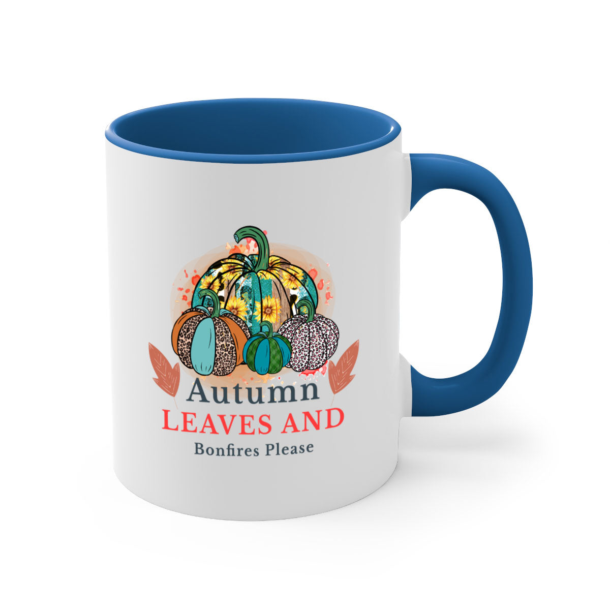 A stylish two-tone ceramic mug featuring the phrase 'Autumn Leaves And Bonfires Please', available in multiple colors with a glossy finish.