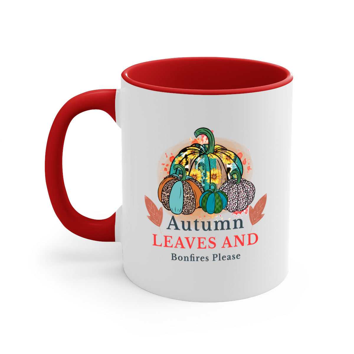 A stylish two-tone ceramic mug featuring the phrase 'Autumn Leaves And Bonfires Please', available in multiple colors with a glossy finish.