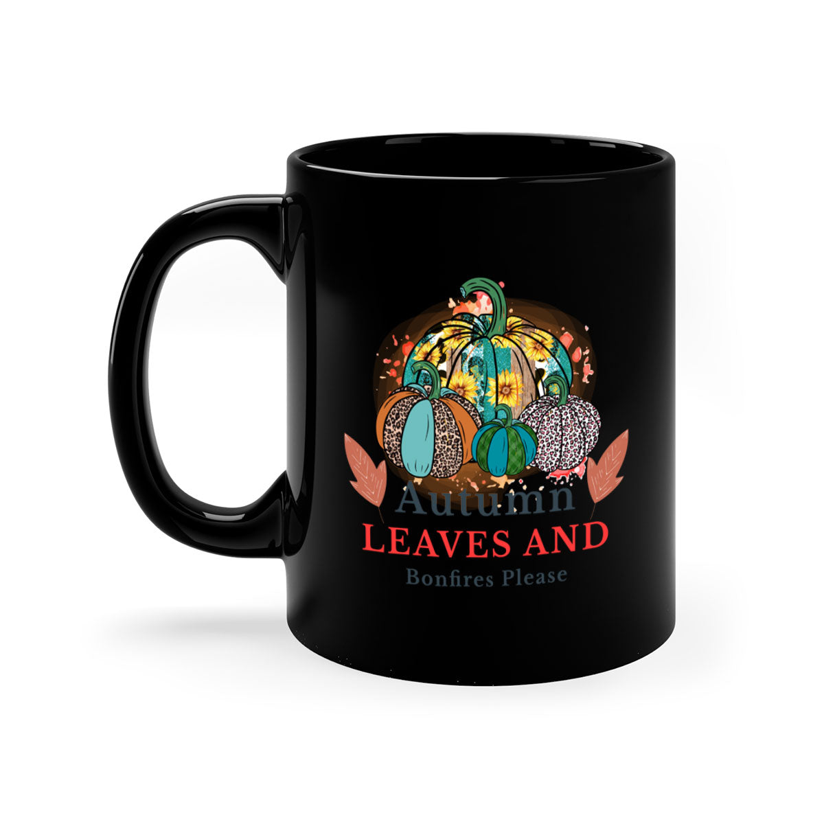 A stylish two-tone ceramic mug featuring the phrase 'Autumn Leaves And Bonfires Please', available in multiple colors with a glossy finish.