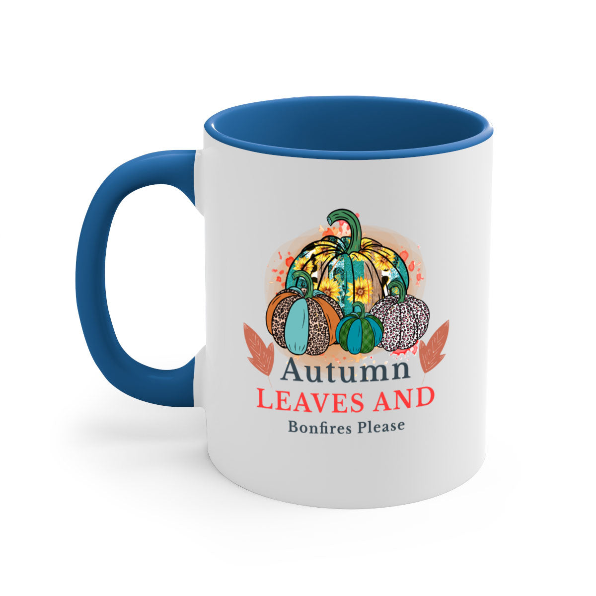 A stylish two-tone ceramic mug featuring the phrase 'Autumn Leaves And Bonfires Please', available in multiple colors with a glossy finish.