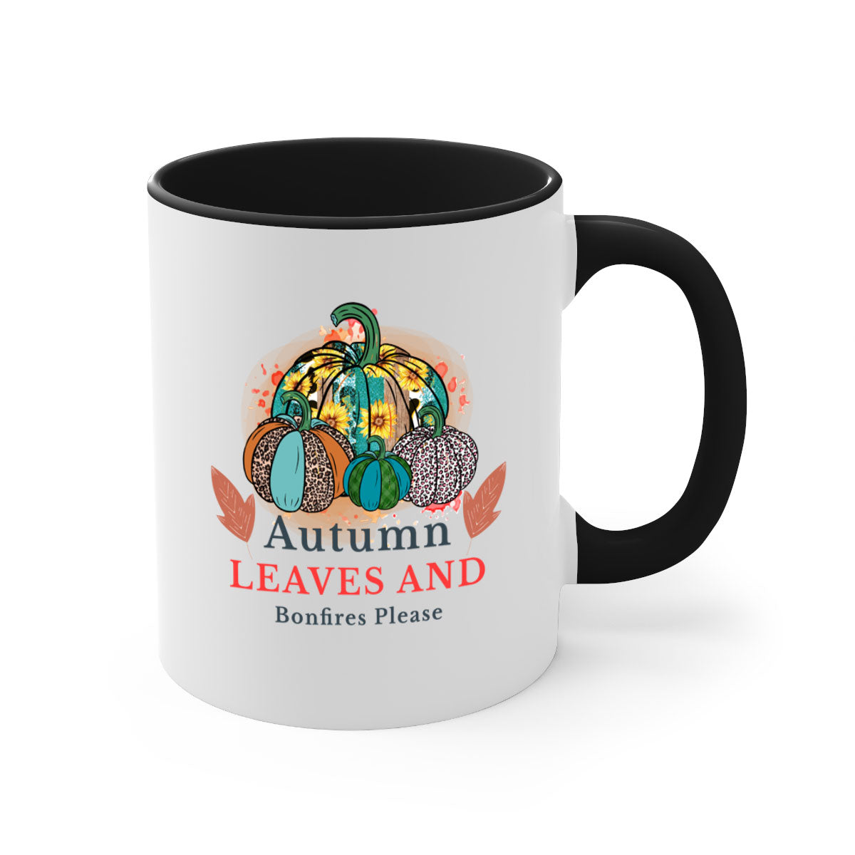 A stylish two-tone ceramic mug featuring the phrase 'Autumn Leaves And Bonfires Please', available in multiple colors with a glossy finish.