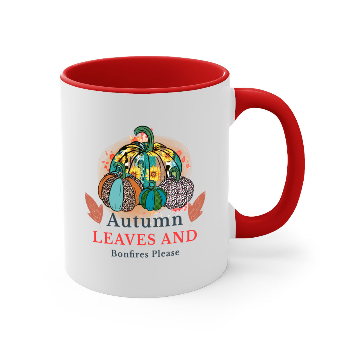 A stylish two-tone ceramic mug featuring the phrase 'Autumn Leaves And Bonfires Please', available in multiple colors with a glossy finish.