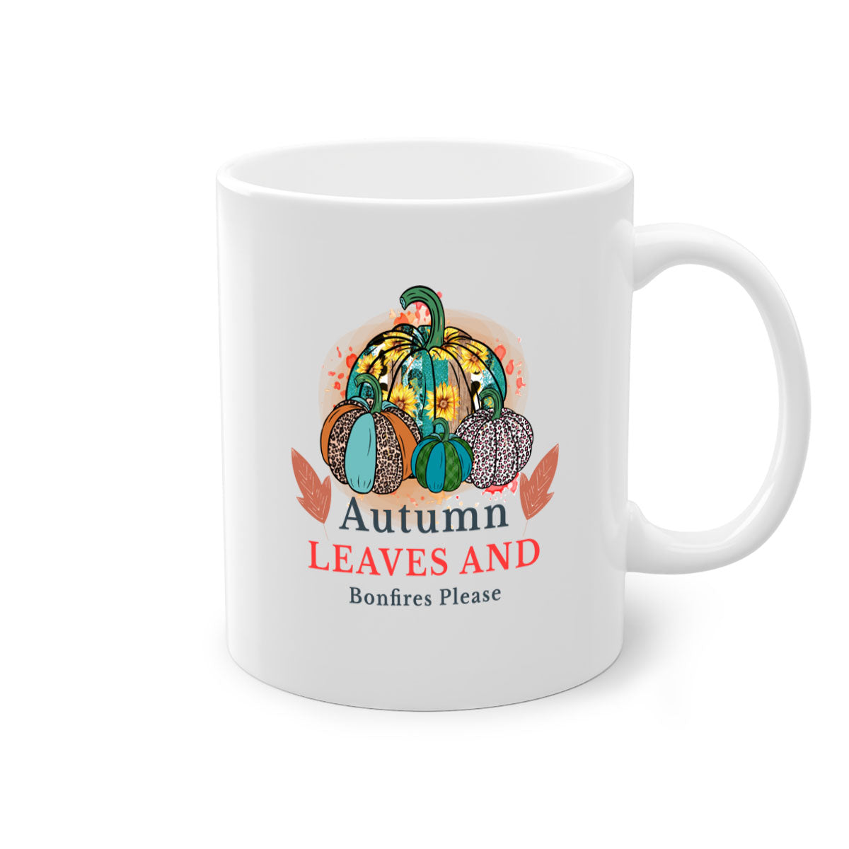 A stylish two-tone ceramic mug featuring the phrase 'Autumn Leaves And Bonfires Please', available in multiple colors with a glossy finish.