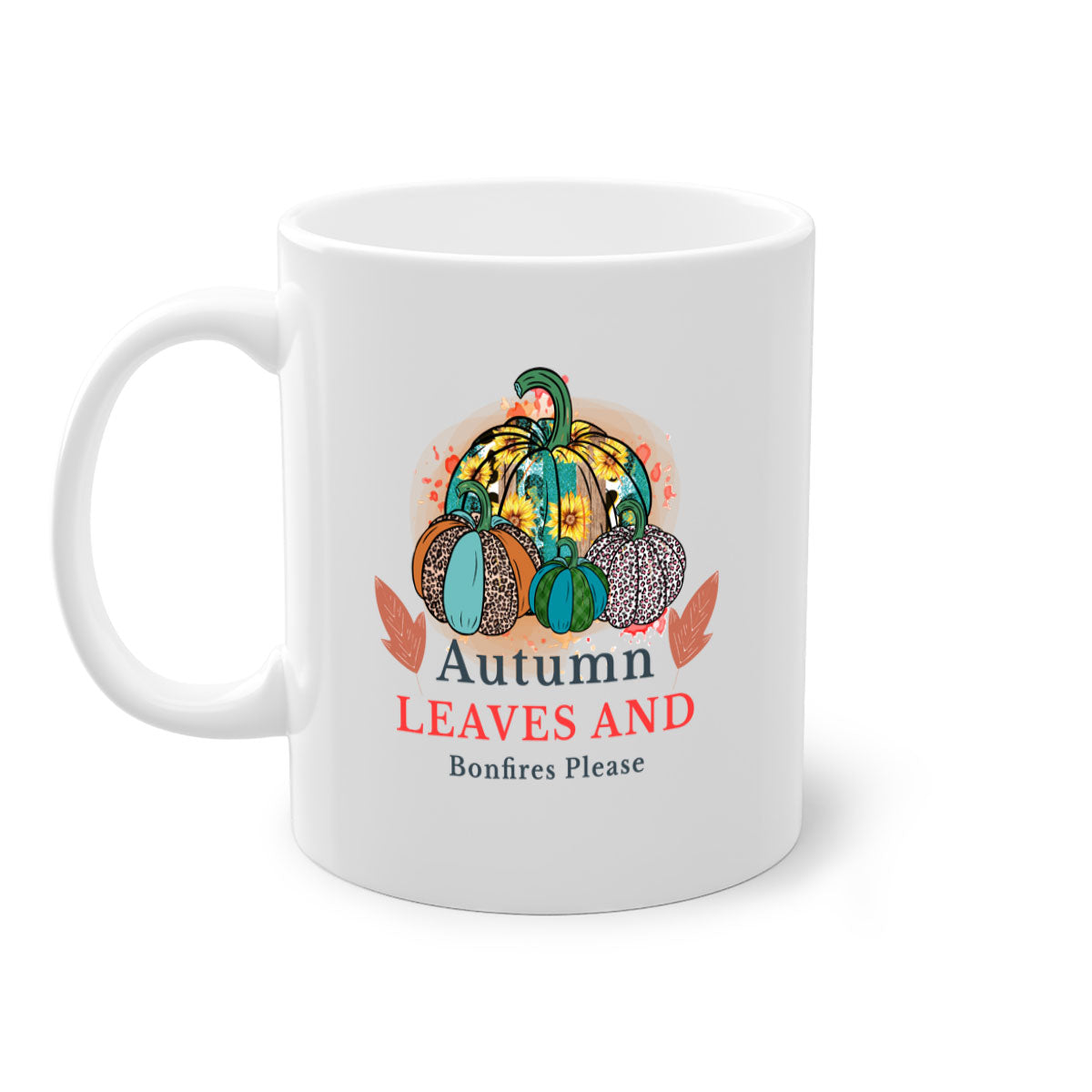 A stylish two-tone ceramic mug featuring the phrase 'Autumn Leaves And Bonfires Please', available in multiple colors with a glossy finish.