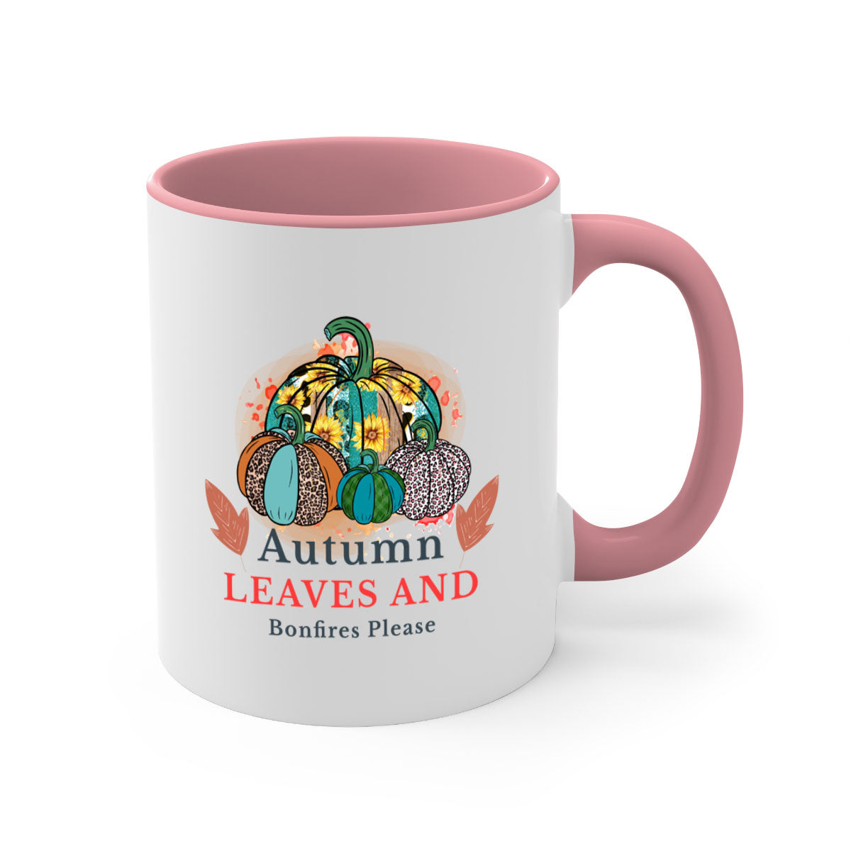 A stylish two-tone ceramic mug featuring the phrase 'Autumn Leaves And Bonfires Please', available in multiple colors with a glossy finish.