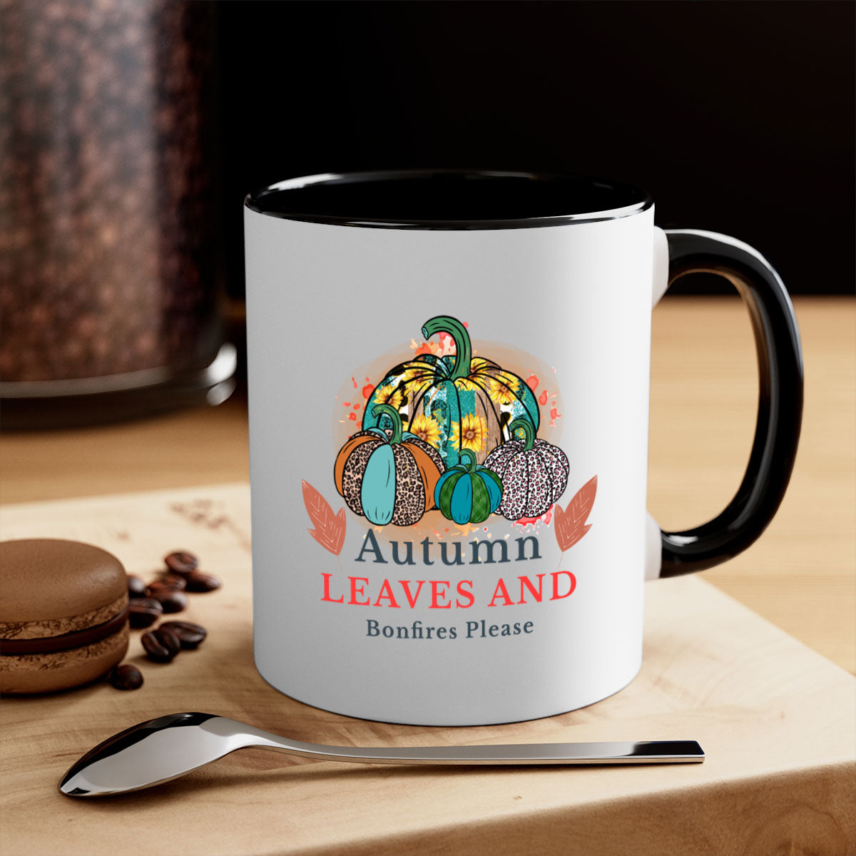 A stylish two-tone ceramic mug featuring the phrase 'Autumn Leaves And Bonfires Please', available in multiple colors with a glossy finish.