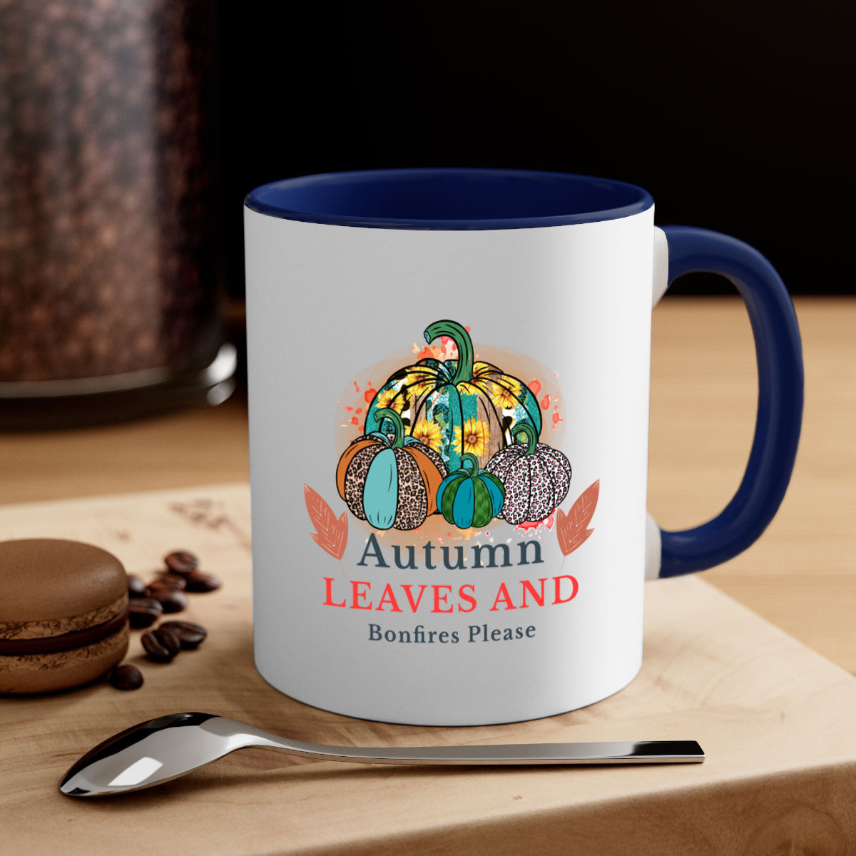 A stylish two-tone ceramic mug featuring the phrase 'Autumn Leaves And Bonfires Please', available in multiple colors with a glossy finish.
