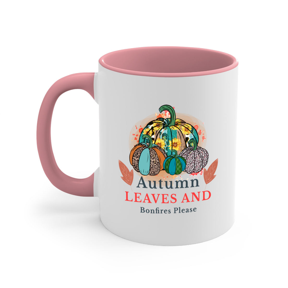 A stylish two-tone ceramic mug featuring the phrase 'Autumn Leaves And Bonfires Please', available in multiple colors with a glossy finish.