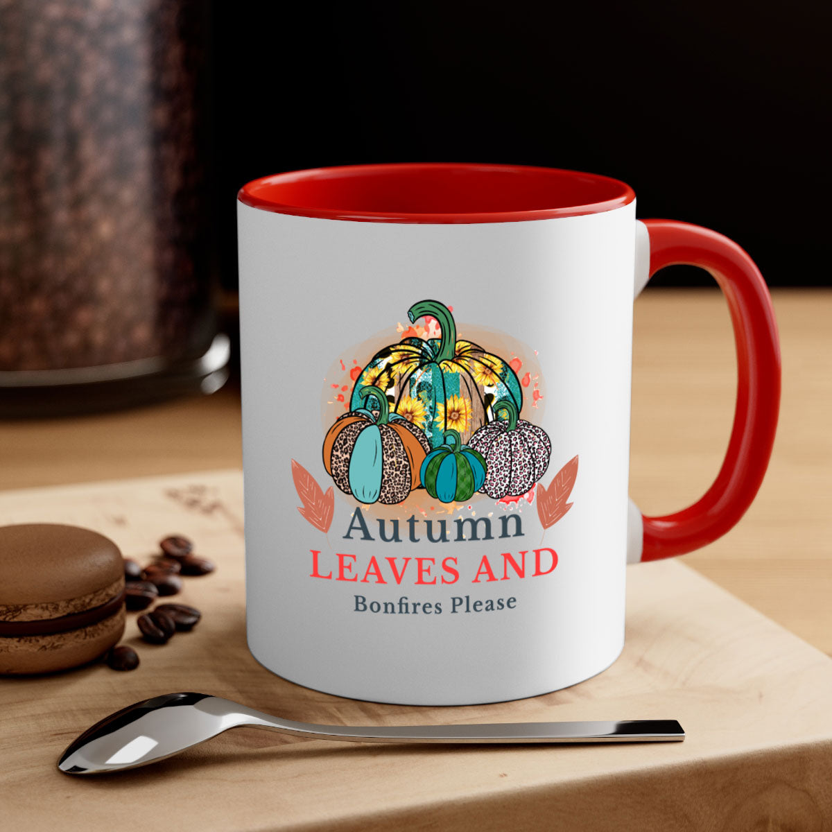 A stylish two-tone ceramic mug featuring the phrase 'Autumn Leaves And Bonfires Please', available in multiple colors with a glossy finish.