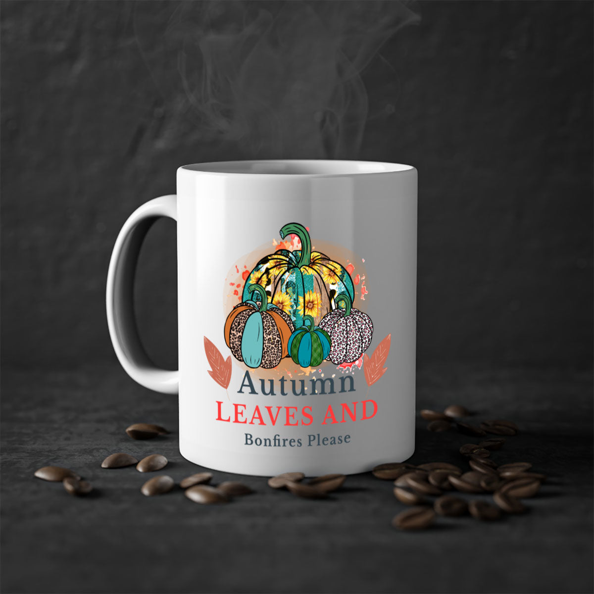 A stylish two-tone ceramic mug featuring the phrase 'Autumn Leaves And Bonfires Please', available in multiple colors with a glossy finish.