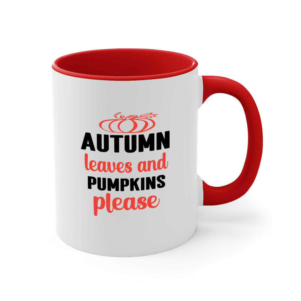 A two-tone ceramic mug featuring autumn leaves and pumpkins design, with a colored handle and glossy finish, available in multiple colors.