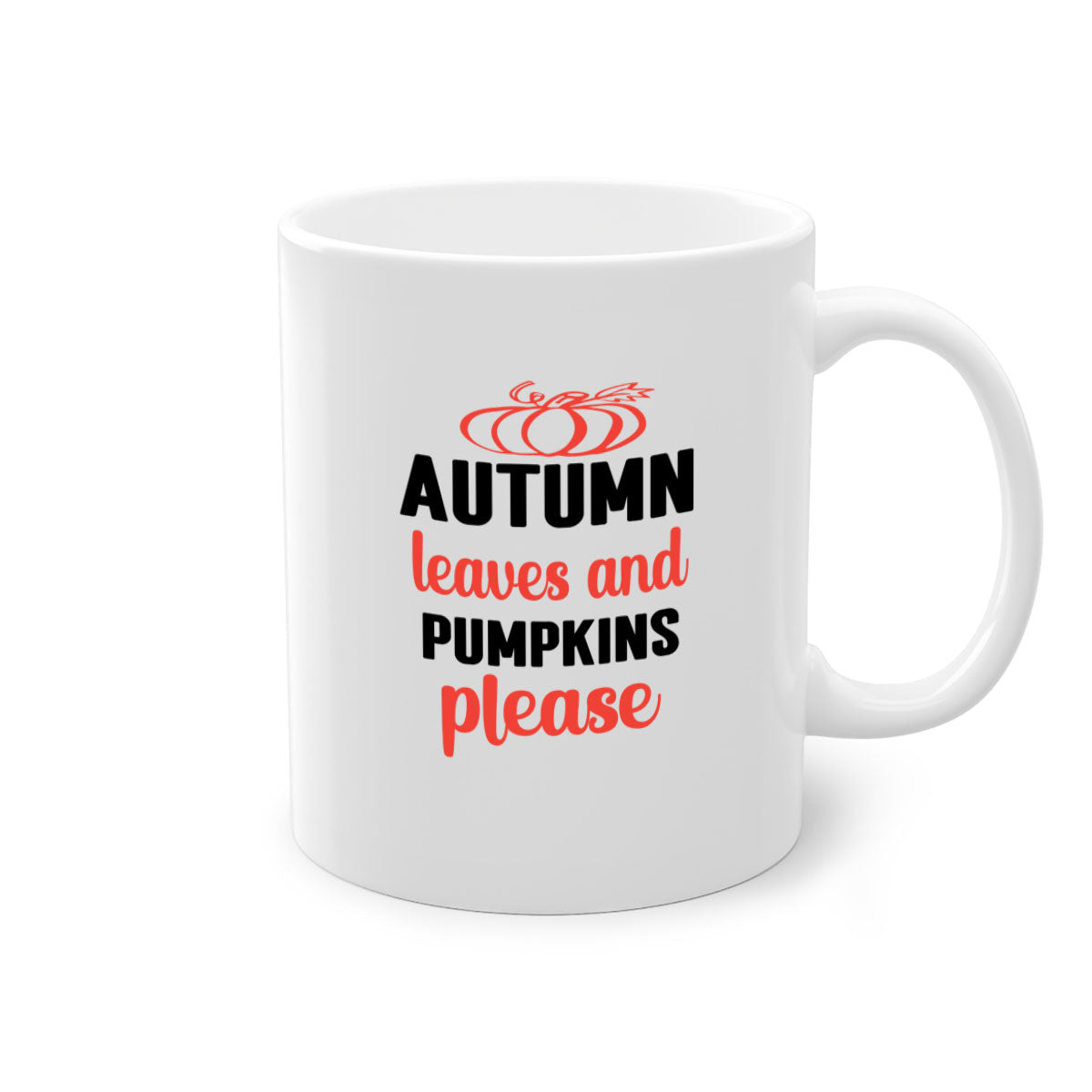 A two-tone ceramic mug featuring autumn leaves and pumpkins design, with a colored handle and glossy finish, available in multiple colors.