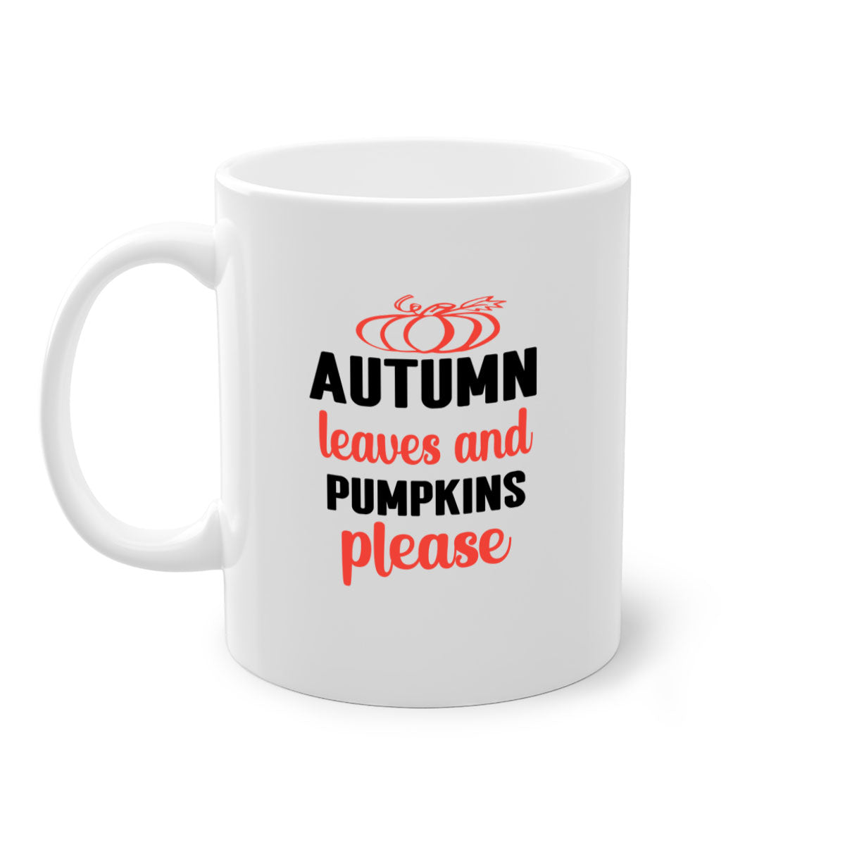 A two-tone ceramic mug featuring autumn leaves and pumpkins design, with a colored handle and glossy finish, available in multiple colors.