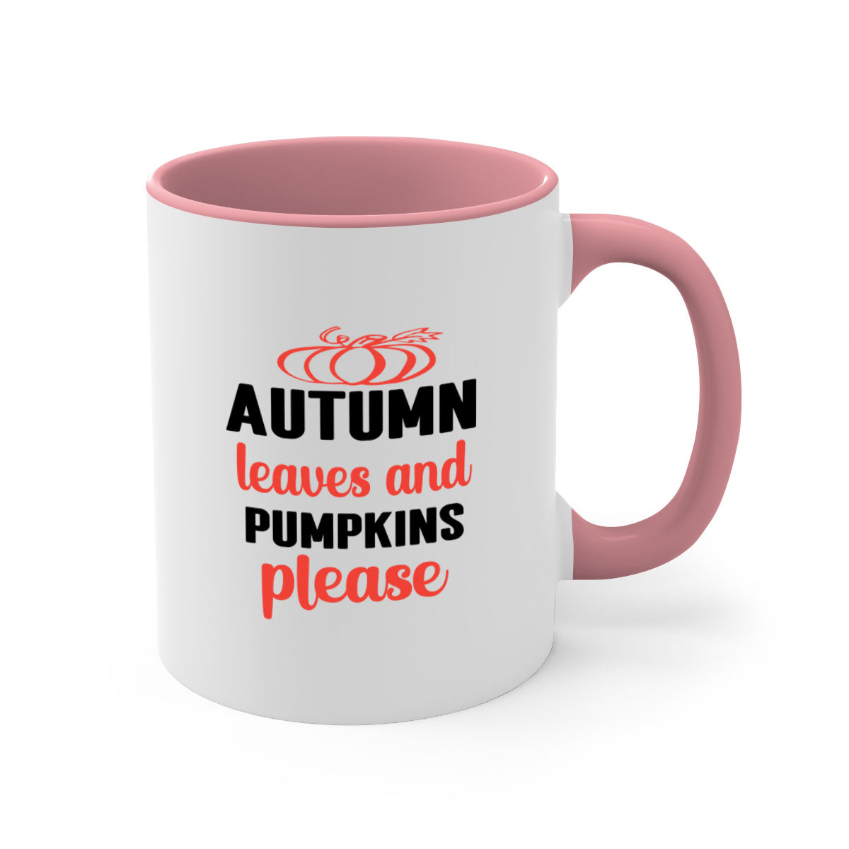 A two-tone ceramic mug featuring autumn leaves and pumpkins design, with a colored handle and glossy finish, available in multiple colors.