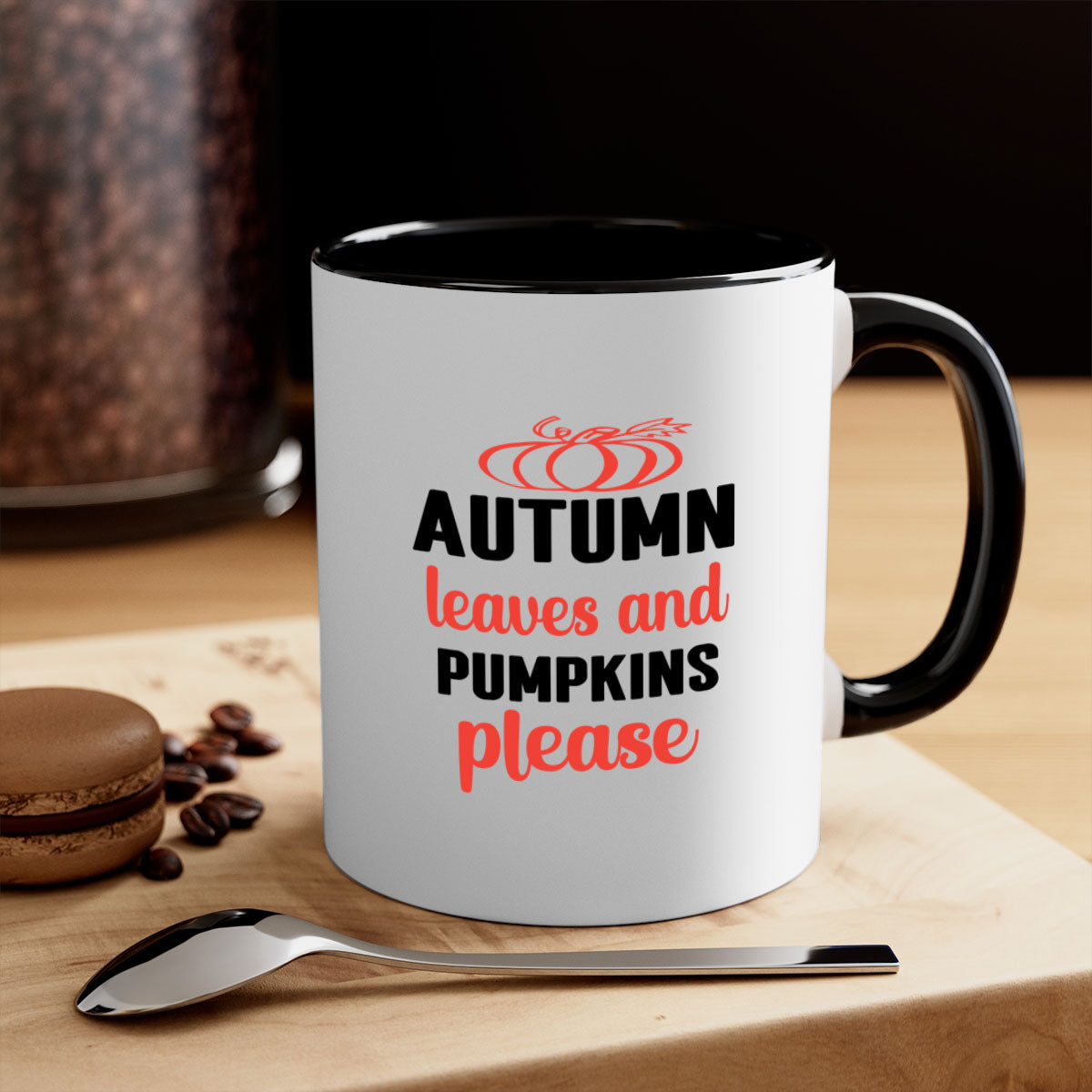 A two-tone ceramic mug featuring autumn leaves and pumpkins design, with a colored handle and glossy finish, available in multiple colors.