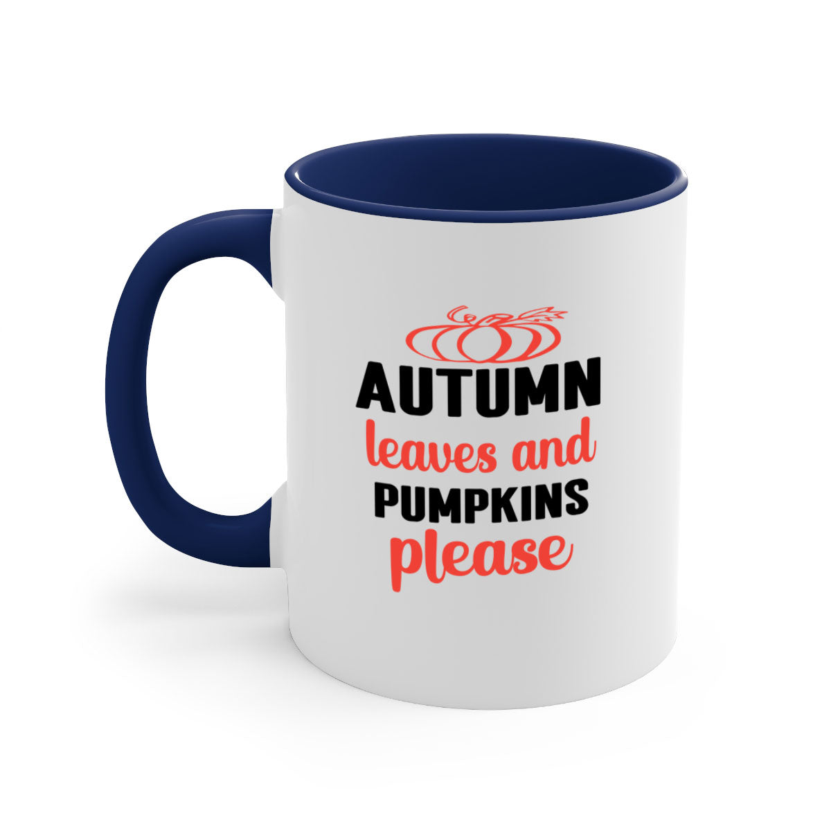 A two-tone ceramic mug featuring autumn leaves and pumpkins design, with a colored handle and glossy finish, available in multiple colors.