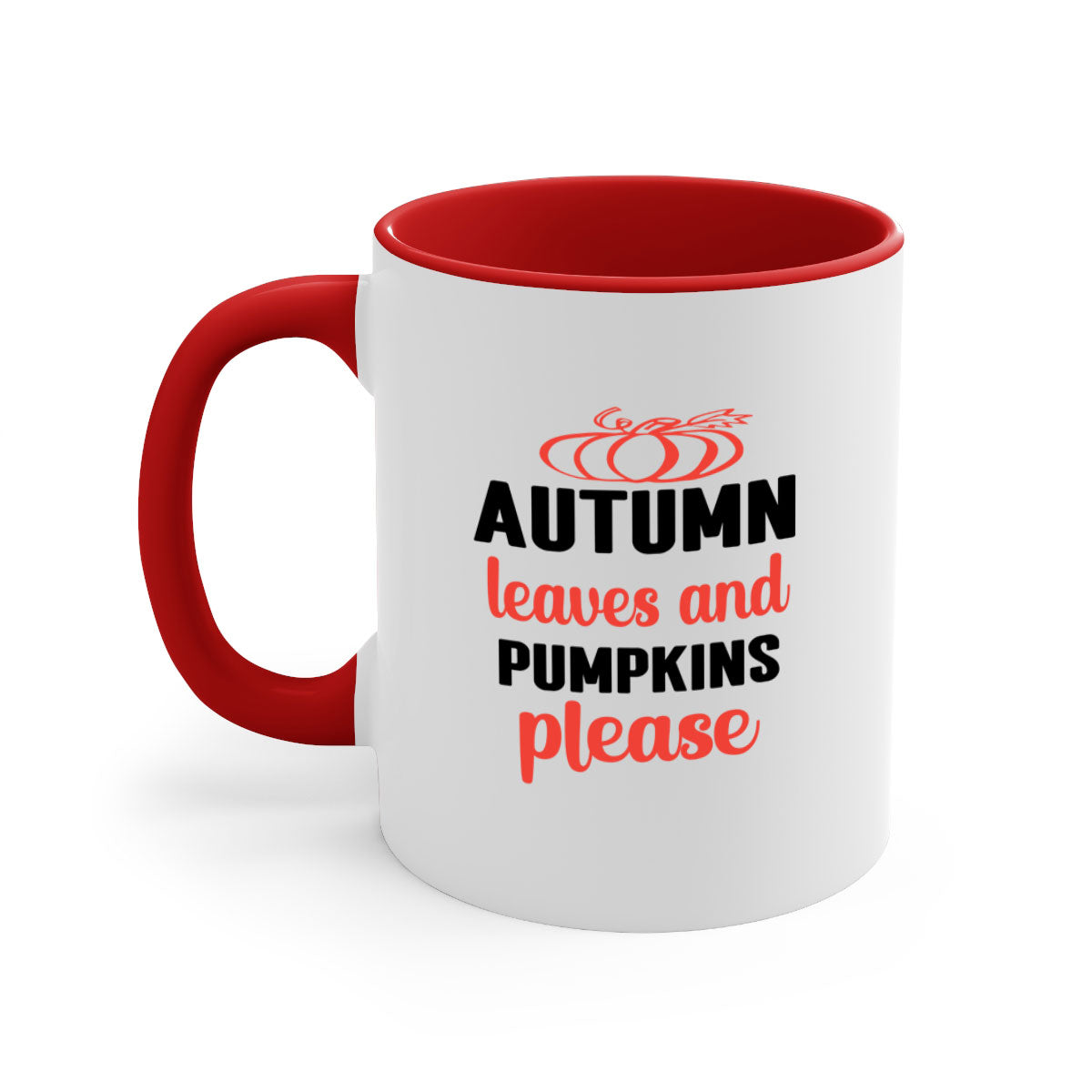 A two-tone ceramic mug featuring autumn leaves and pumpkins design, with a colored handle and glossy finish, available in multiple colors.
