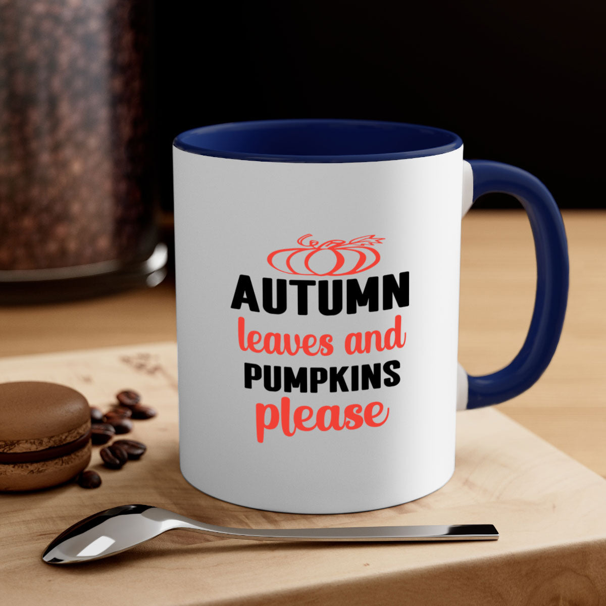 A two-tone ceramic mug featuring autumn leaves and pumpkins design, with a colored handle and glossy finish, available in multiple colors.