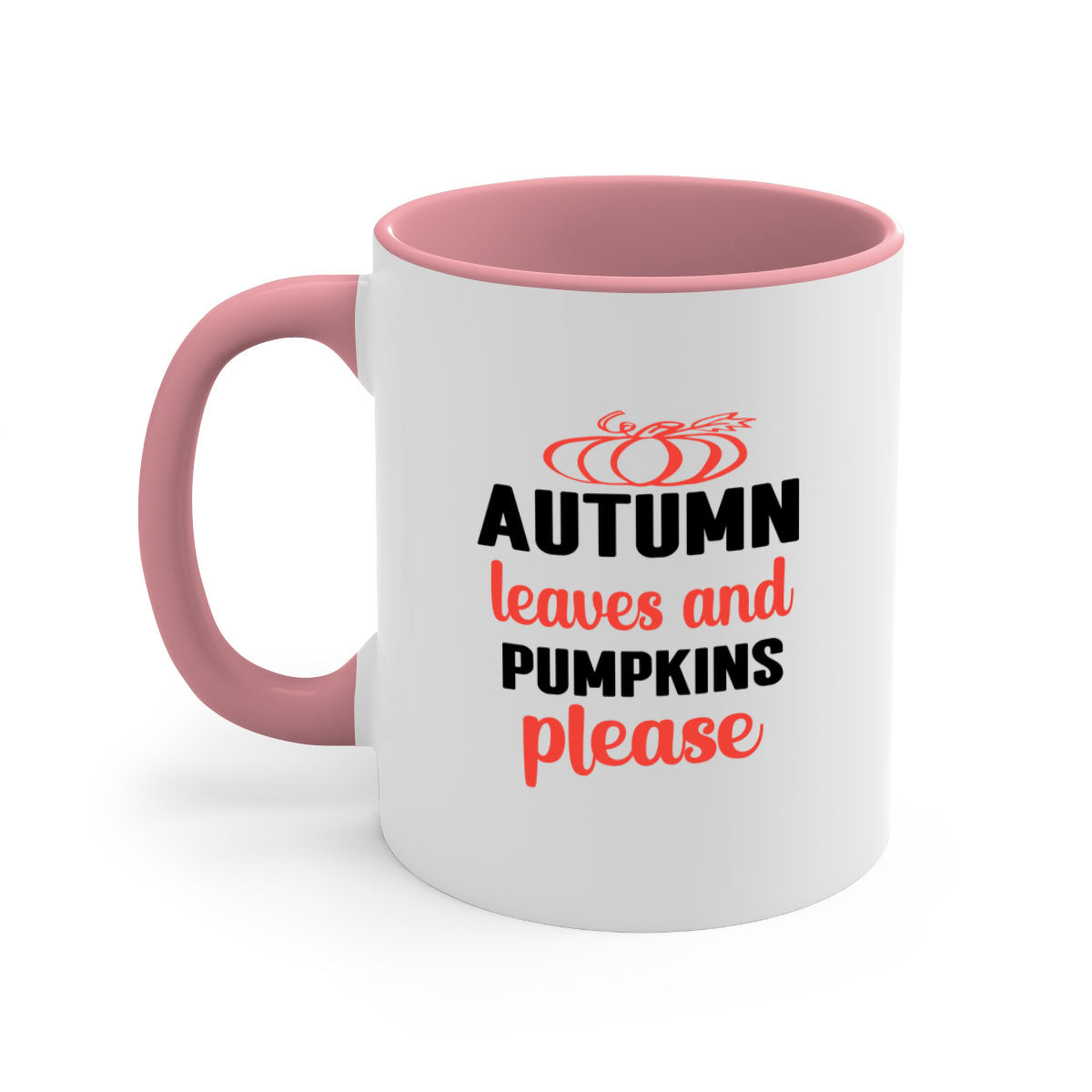 A two-tone ceramic mug featuring autumn leaves and pumpkins design, with a colored handle and glossy finish, available in multiple colors.
