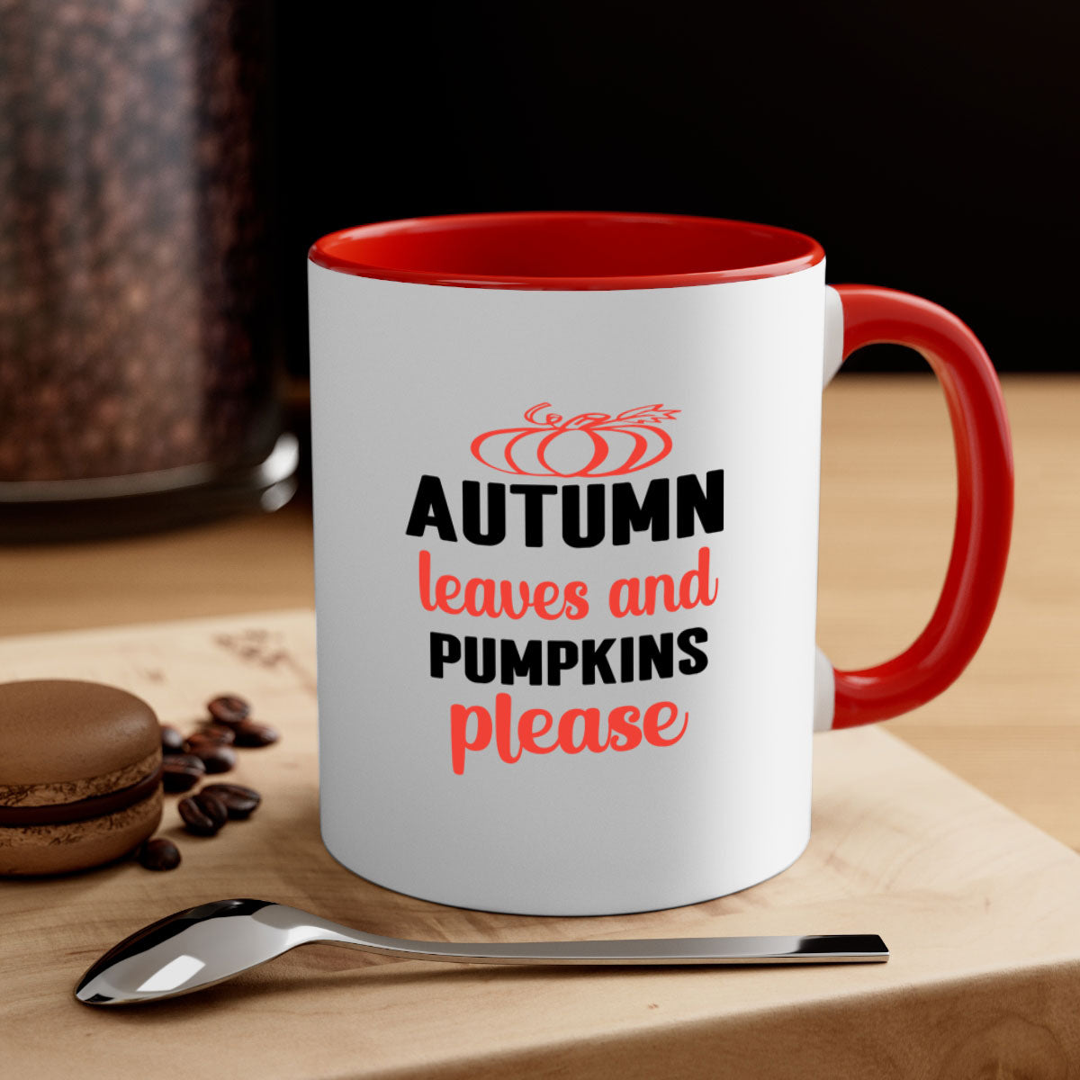 A two-tone ceramic mug featuring autumn leaves and pumpkins design, with a colored handle and glossy finish, available in multiple colors.