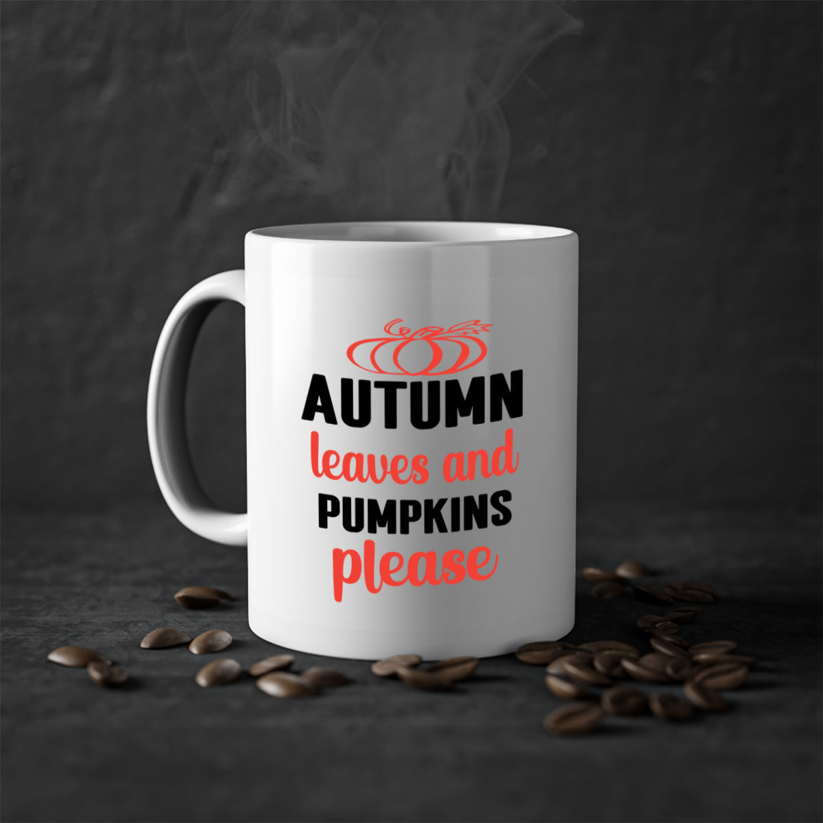 A two-tone ceramic mug featuring autumn leaves and pumpkins design, with a colored handle and glossy finish, available in multiple colors.