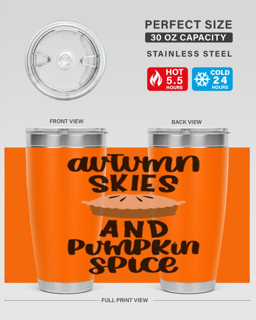 Autumn Skies And Pumpkin Spice 20oz Tumbler featuring a vibrant fall design, made of stainless steel with a drink-thru lid.