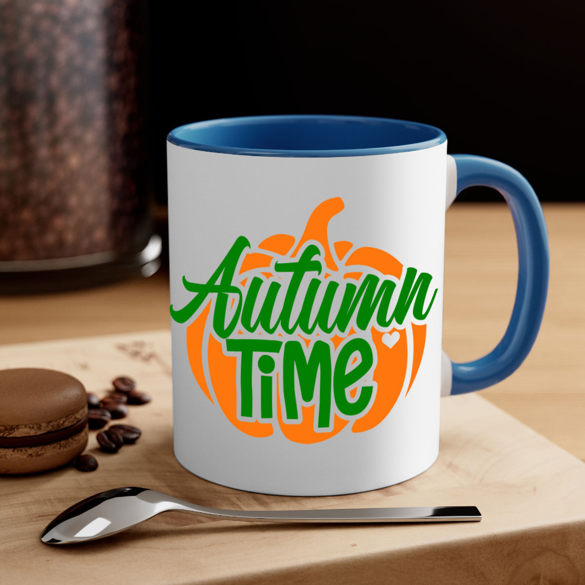 Autumn Time 34# Mug featuring a glossy finish, colored handle, and interior, available in multiple colors and sizes.