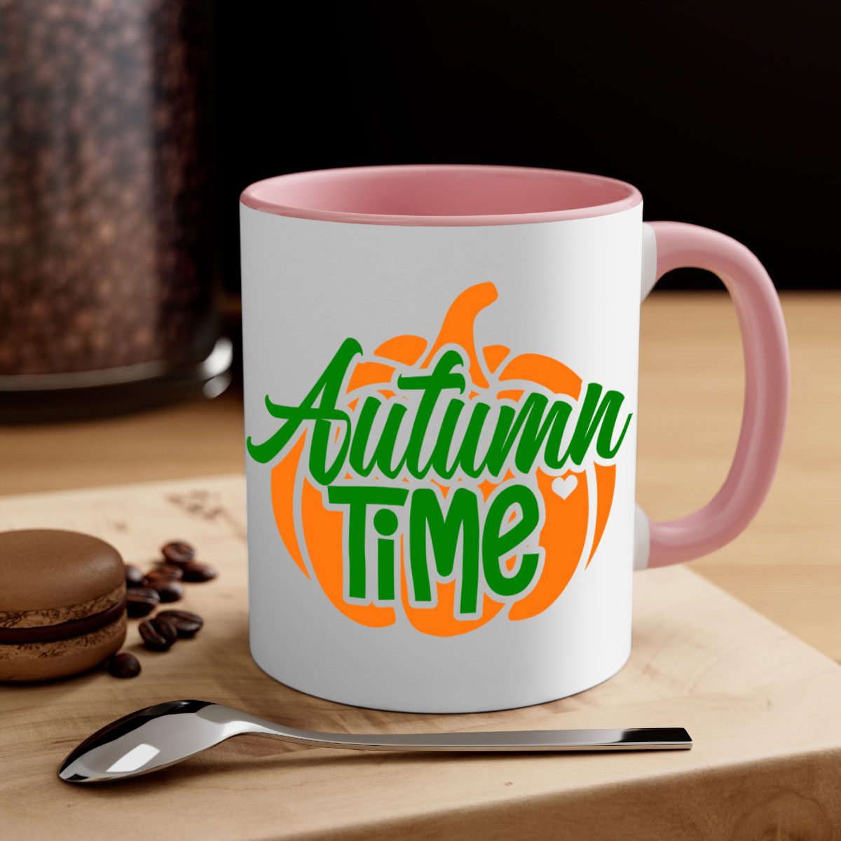 Autumn Time 34# Mug featuring a glossy finish, colored handle, and interior, available in multiple colors and sizes.