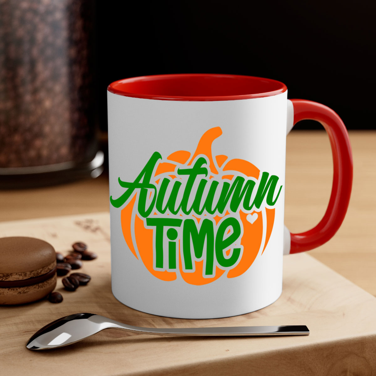 Autumn Time 34# Mug featuring a glossy finish, colored handle, and interior, available in multiple colors and sizes.