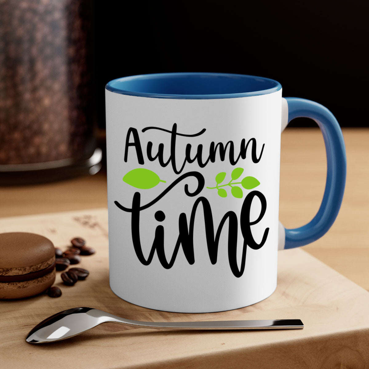 Autumn Time 35# Mug with colorful handle and glossy finish, available in multiple colors and sizes.