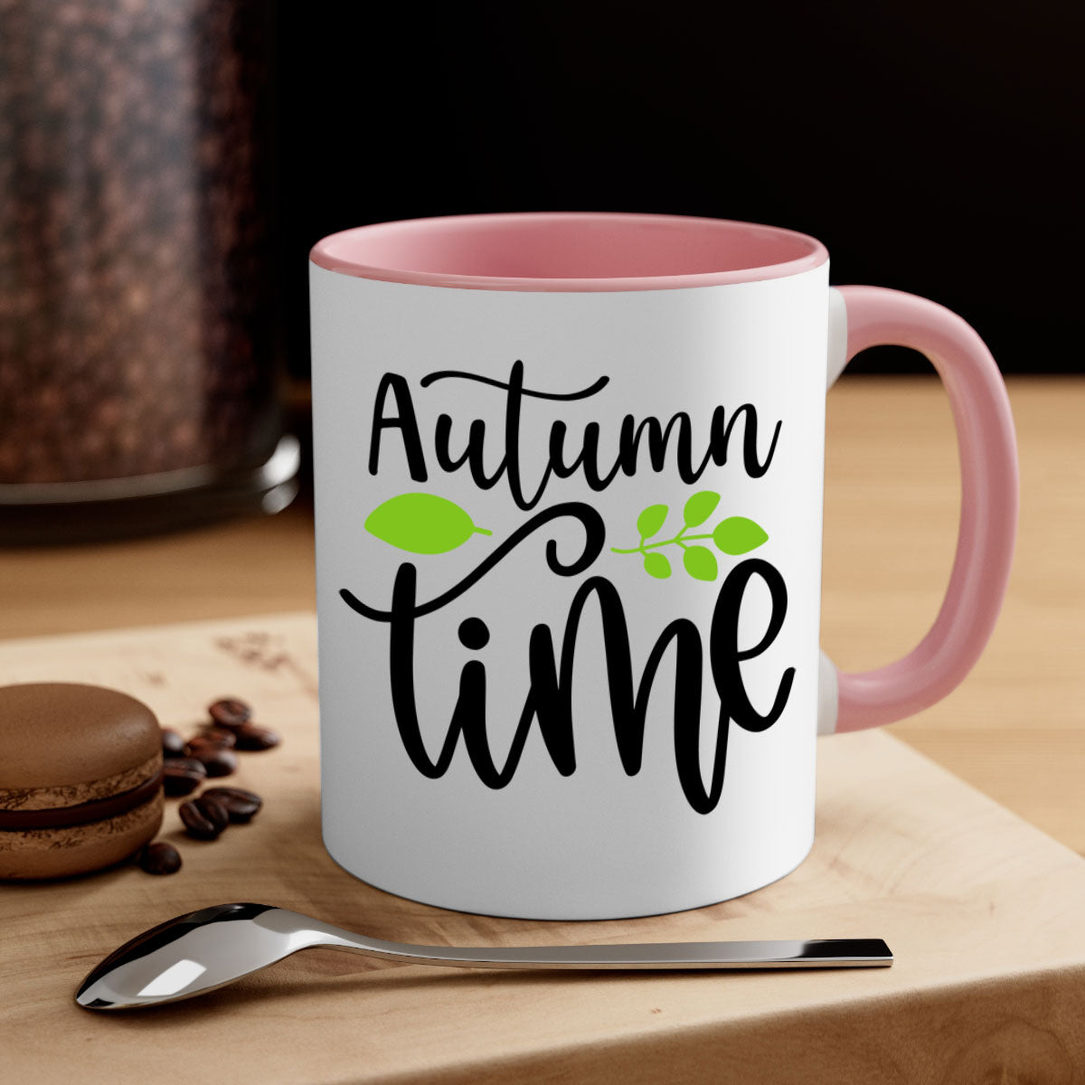 Autumn Time 35# Mug with colorful handle and glossy finish, available in multiple colors and sizes.