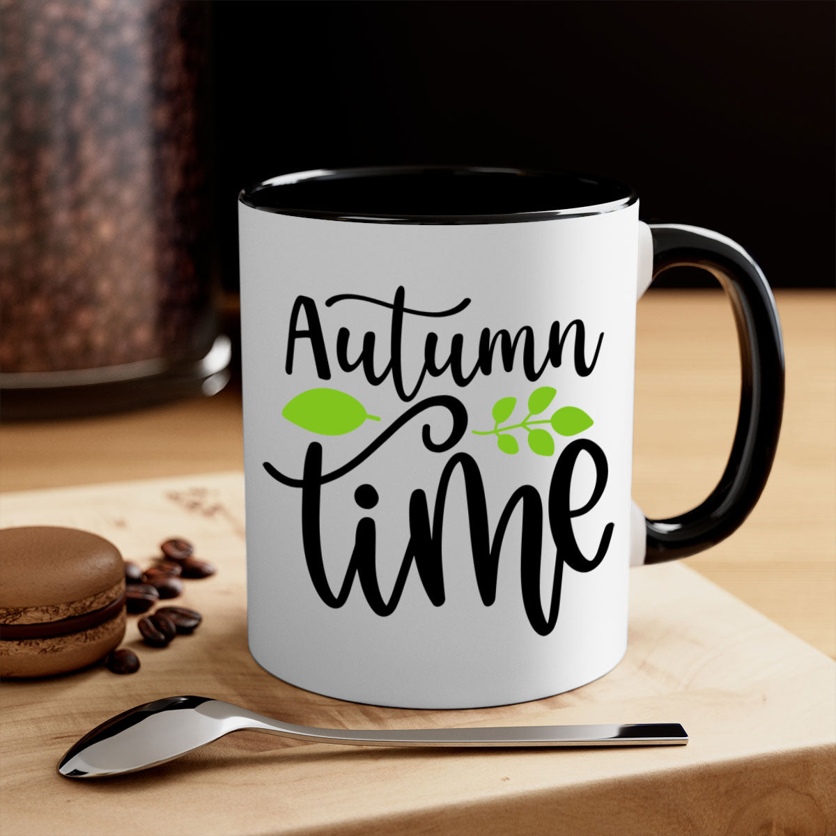 Autumn Time 35# Mug with colorful handle and glossy finish, available in multiple colors and sizes.