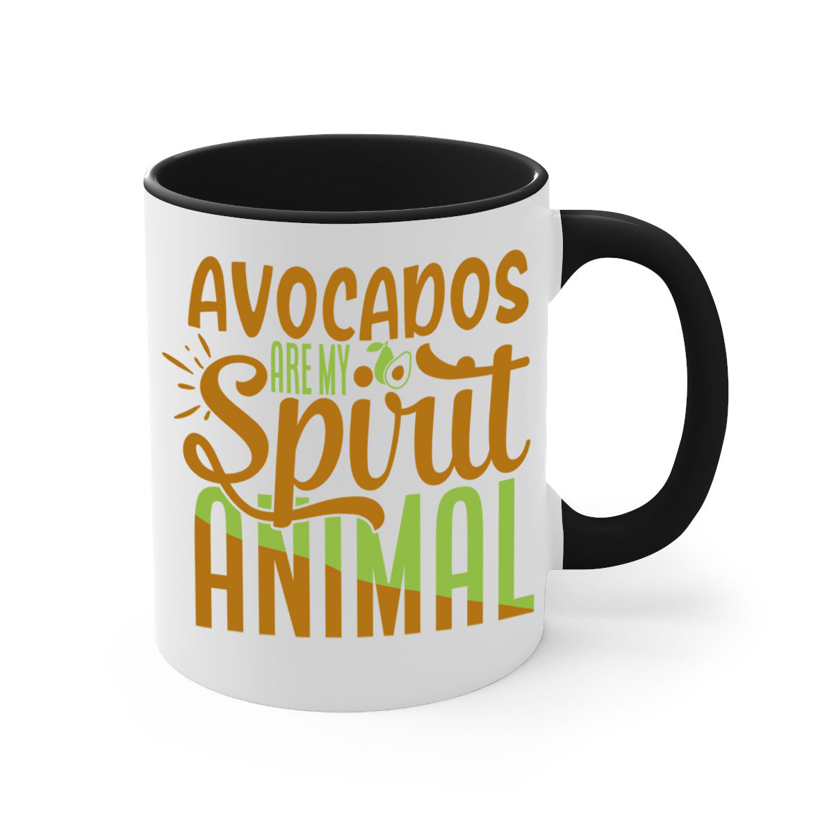 A stylish two-tone avocado-themed coffee mug with a glossy finish and a C-shaped handle, available in multiple colors.