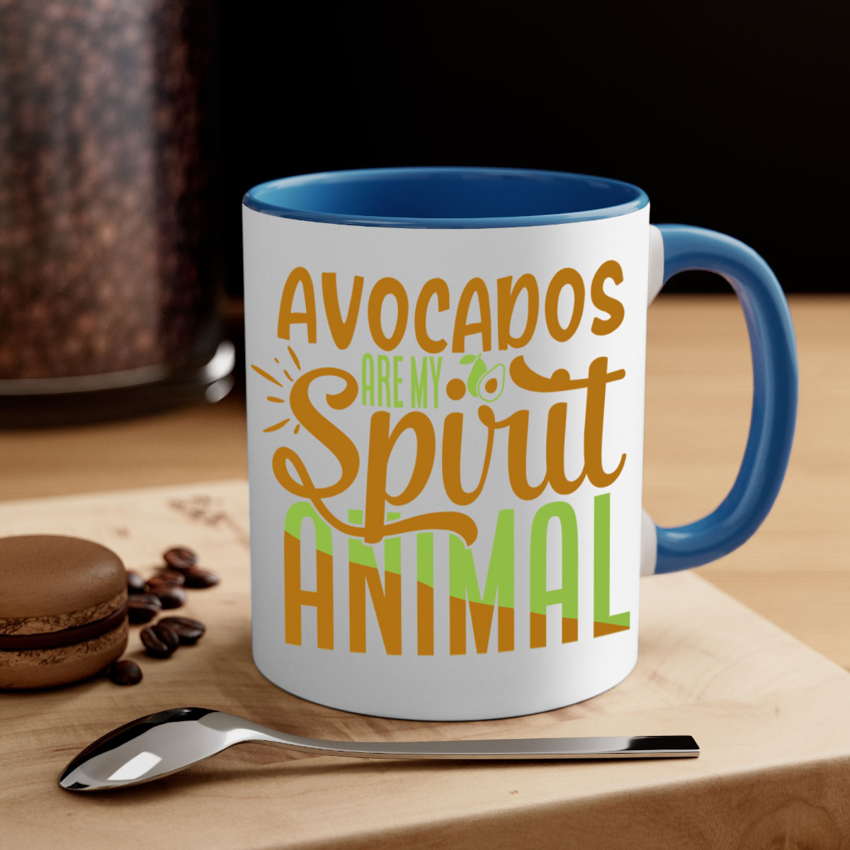 A stylish two-tone avocado-themed coffee mug with a glossy finish and a C-shaped handle, available in multiple colors.