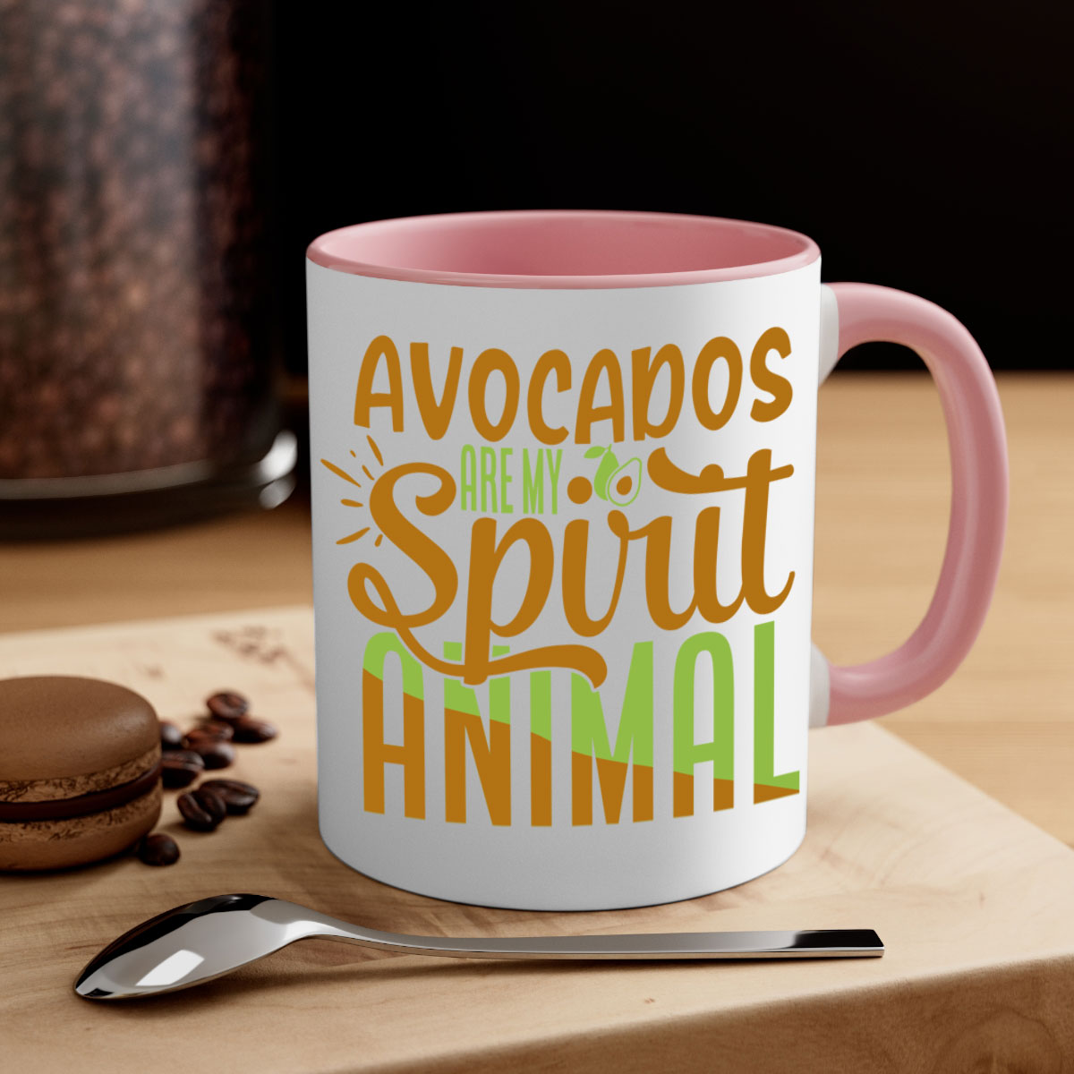 A stylish two-tone avocado-themed coffee mug with a glossy finish and a C-shaped handle, available in multiple colors.