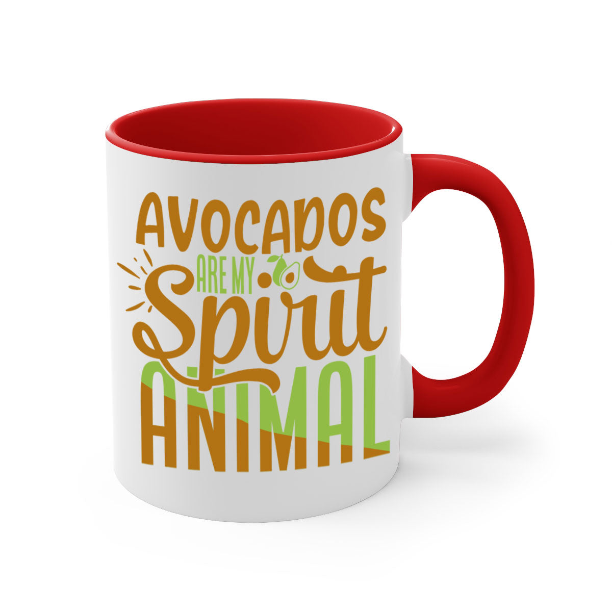 A stylish two-tone avocado-themed coffee mug with a glossy finish and a C-shaped handle, available in multiple colors.