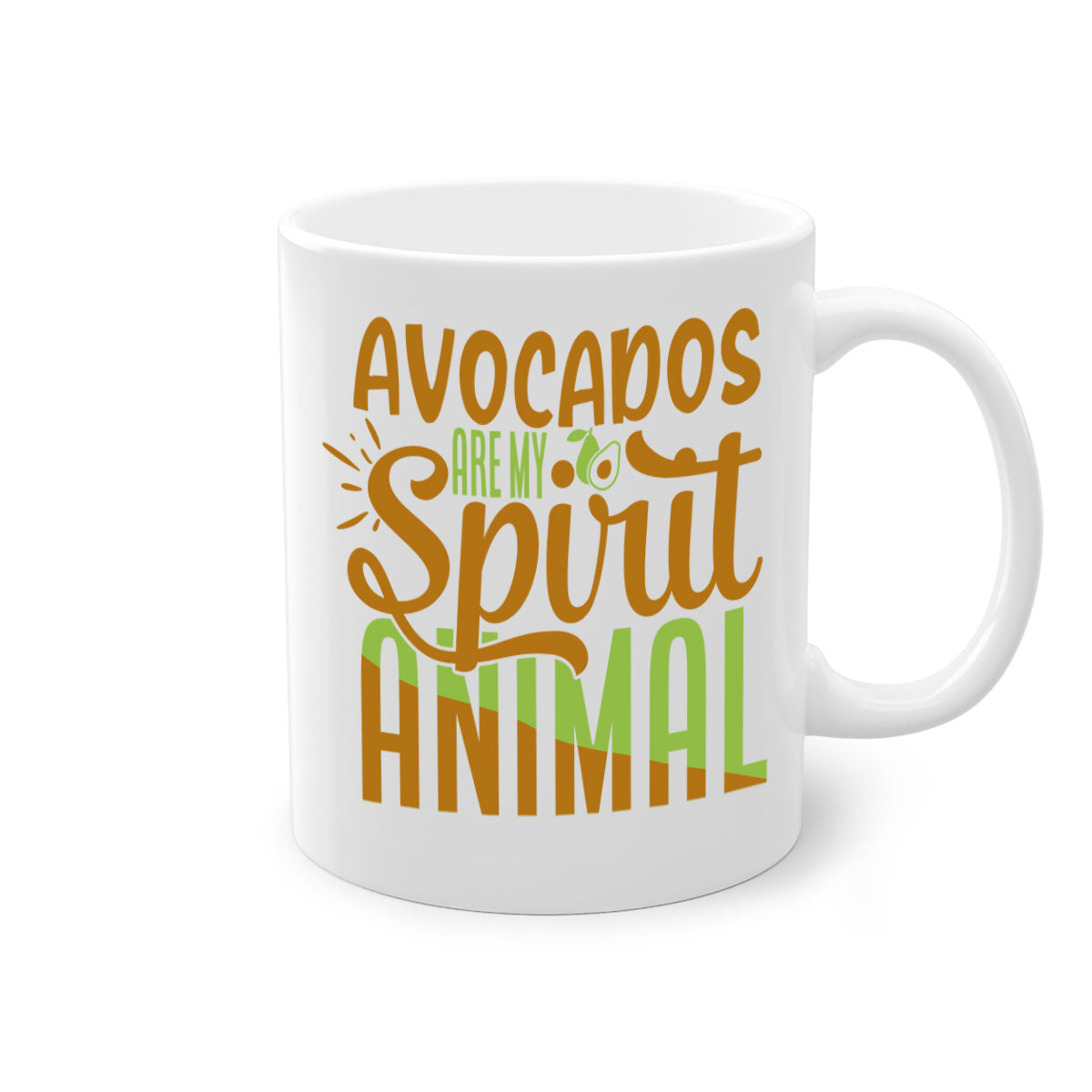 A stylish two-tone avocado-themed coffee mug with a glossy finish and a C-shaped handle, available in multiple colors.