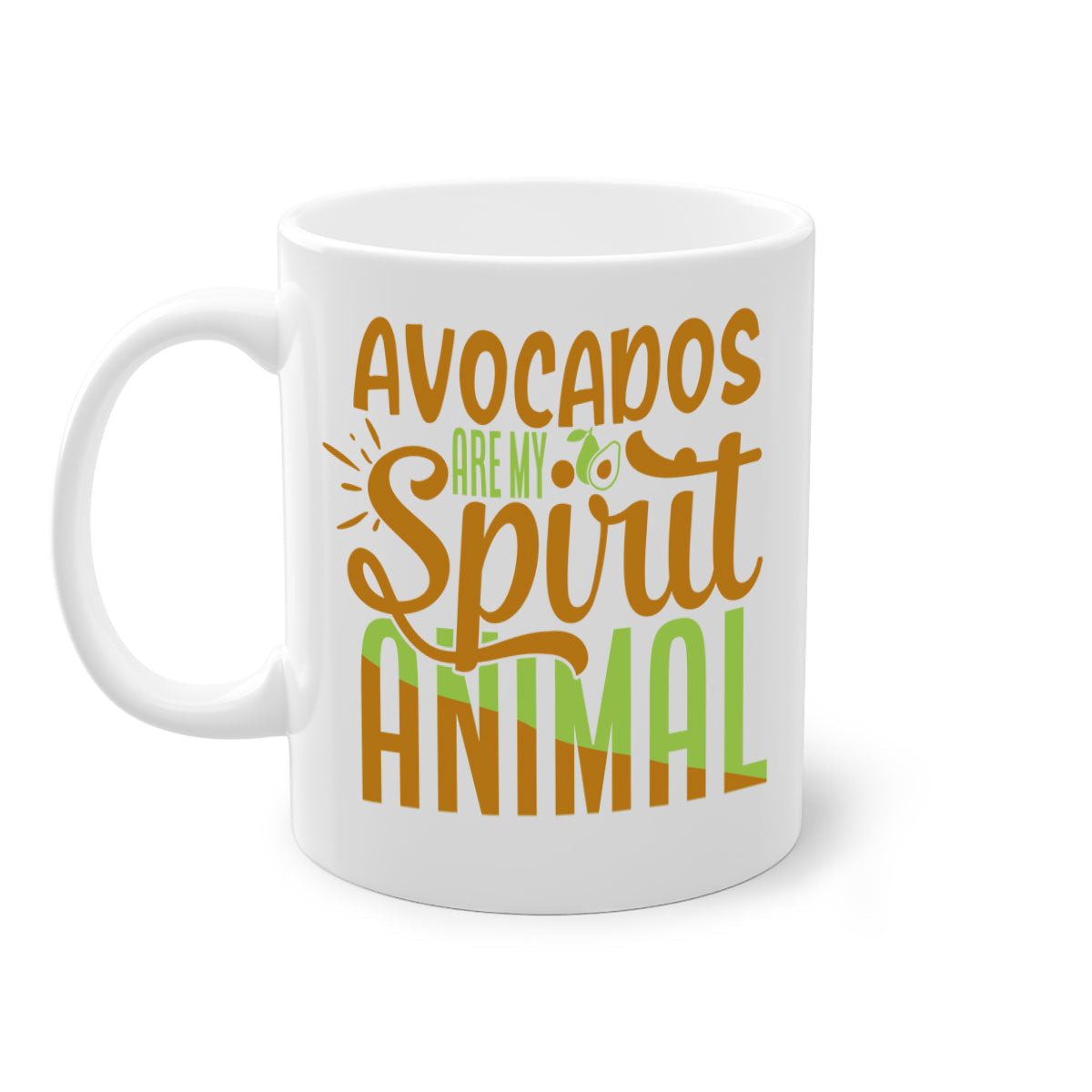 A stylish two-tone avocado-themed coffee mug with a glossy finish and a C-shaped handle, available in multiple colors.