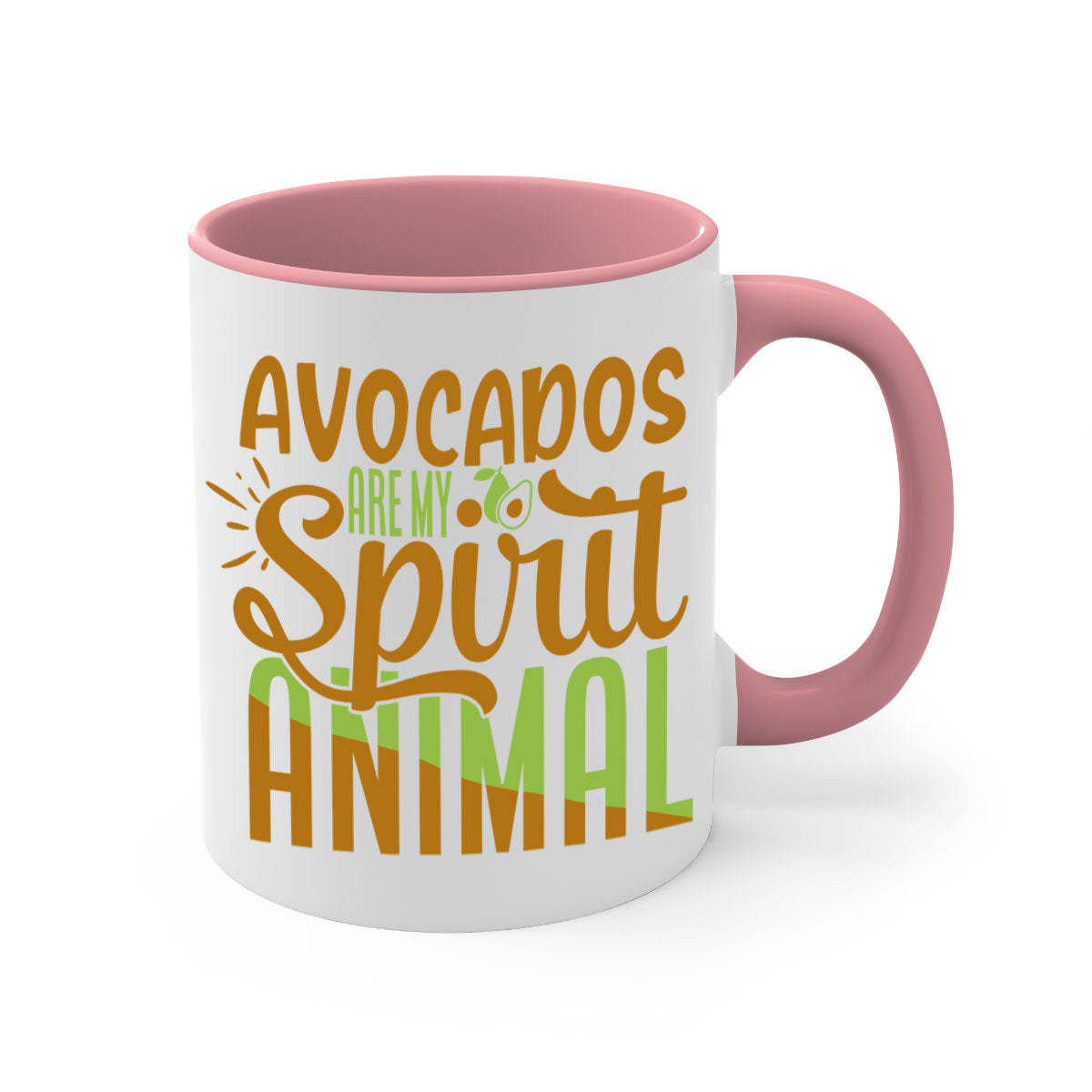 A stylish two-tone avocado-themed coffee mug with a glossy finish and a C-shaped handle, available in multiple colors.