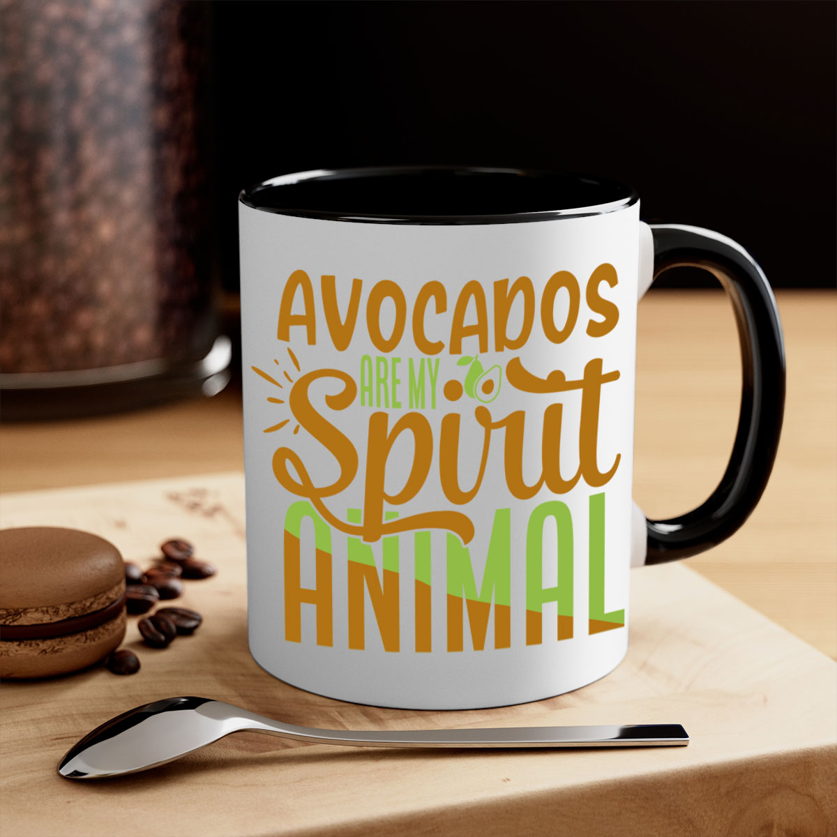 A stylish two-tone avocado-themed coffee mug with a glossy finish and a C-shaped handle, available in multiple colors.