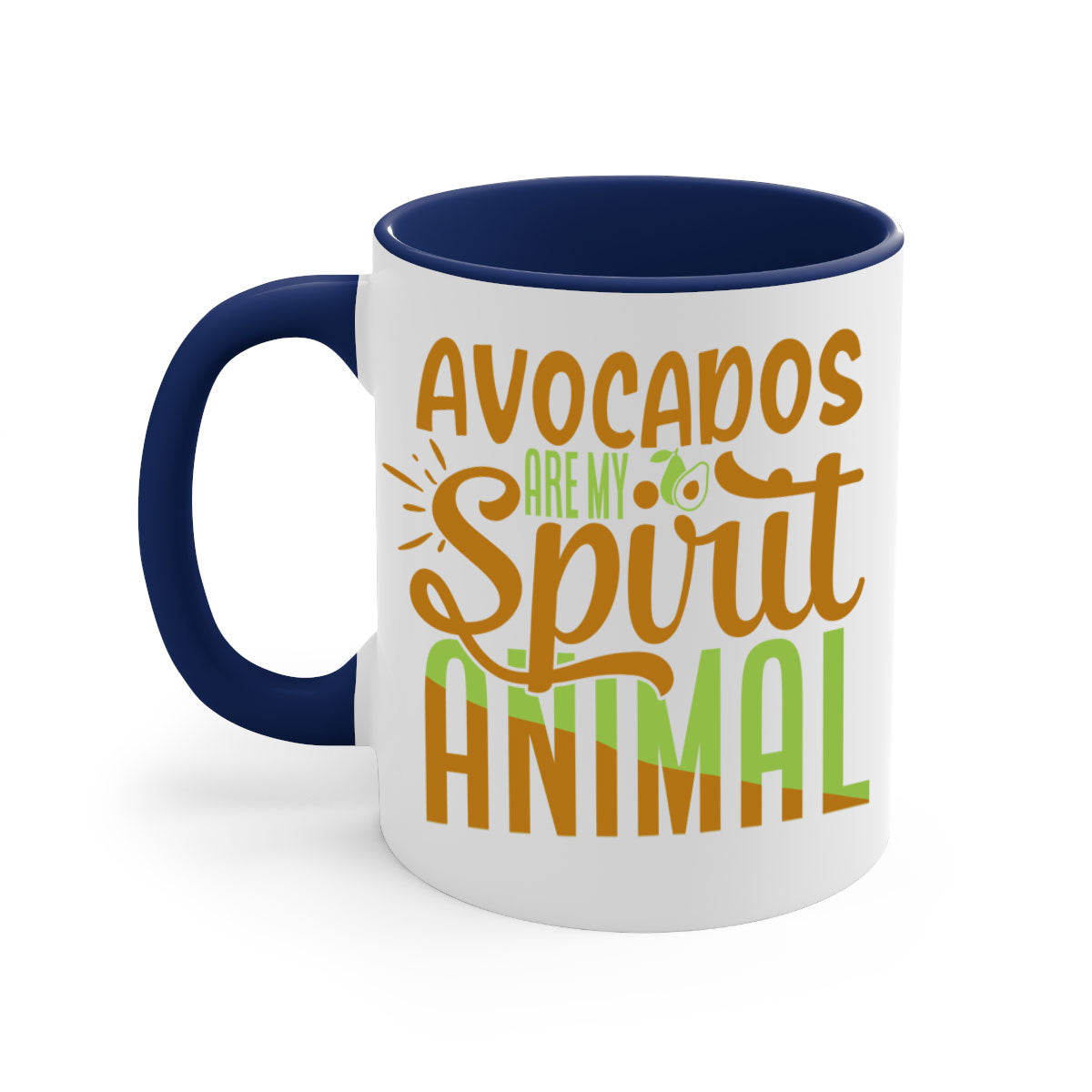 A stylish two-tone avocado-themed coffee mug with a glossy finish and a C-shaped handle, available in multiple colors.