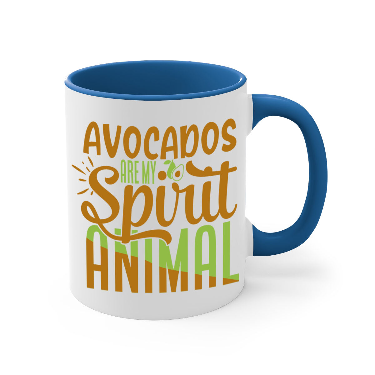 A stylish two-tone avocado-themed coffee mug with a glossy finish and a C-shaped handle, available in multiple colors.