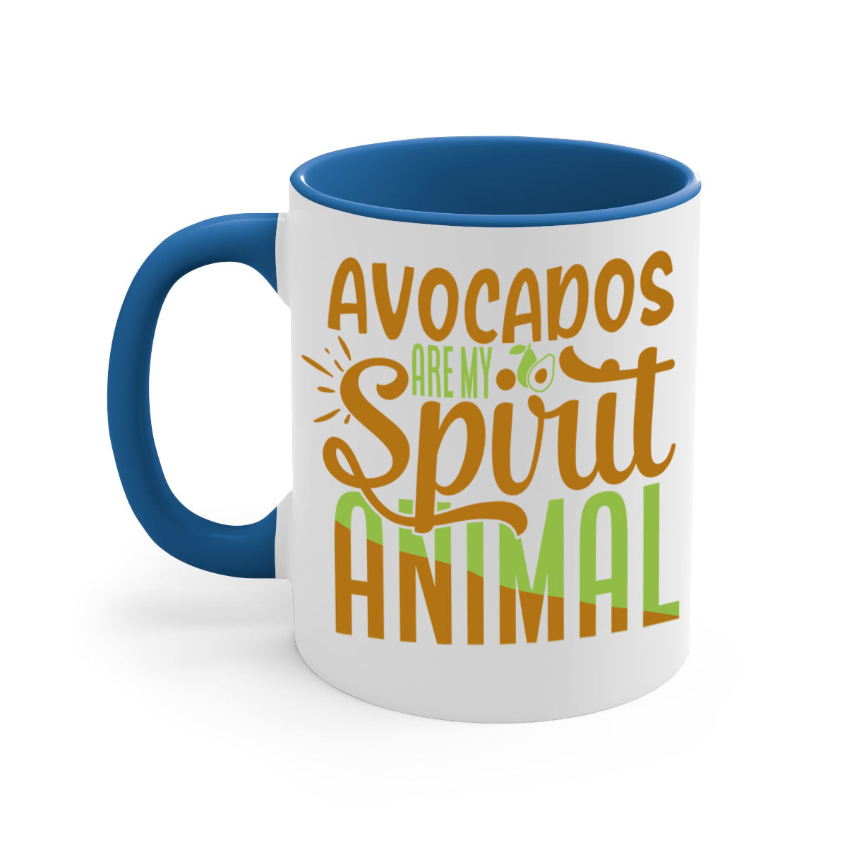 A stylish two-tone avocado-themed coffee mug with a glossy finish and a C-shaped handle, available in multiple colors.
