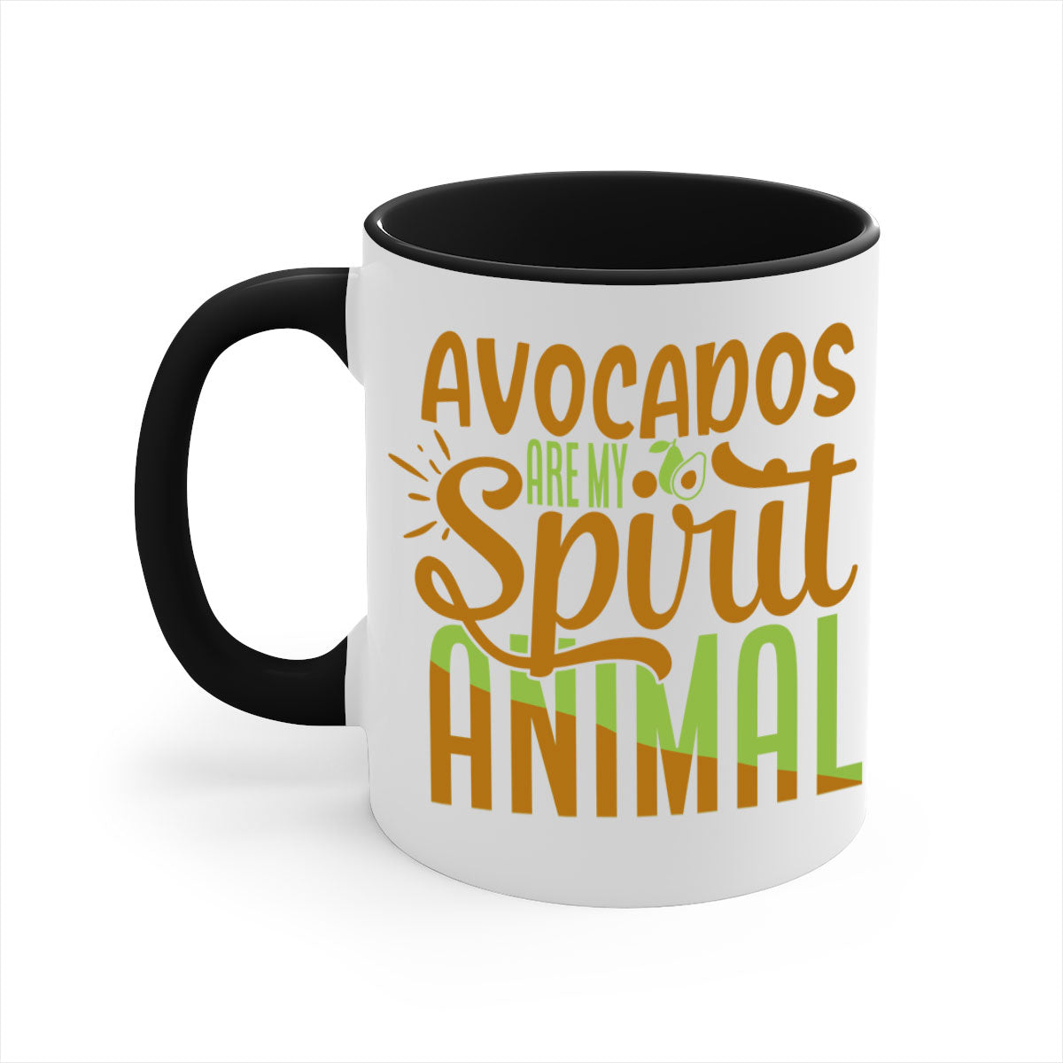 A stylish two-tone avocado-themed coffee mug with a glossy finish and a C-shaped handle, available in multiple colors.