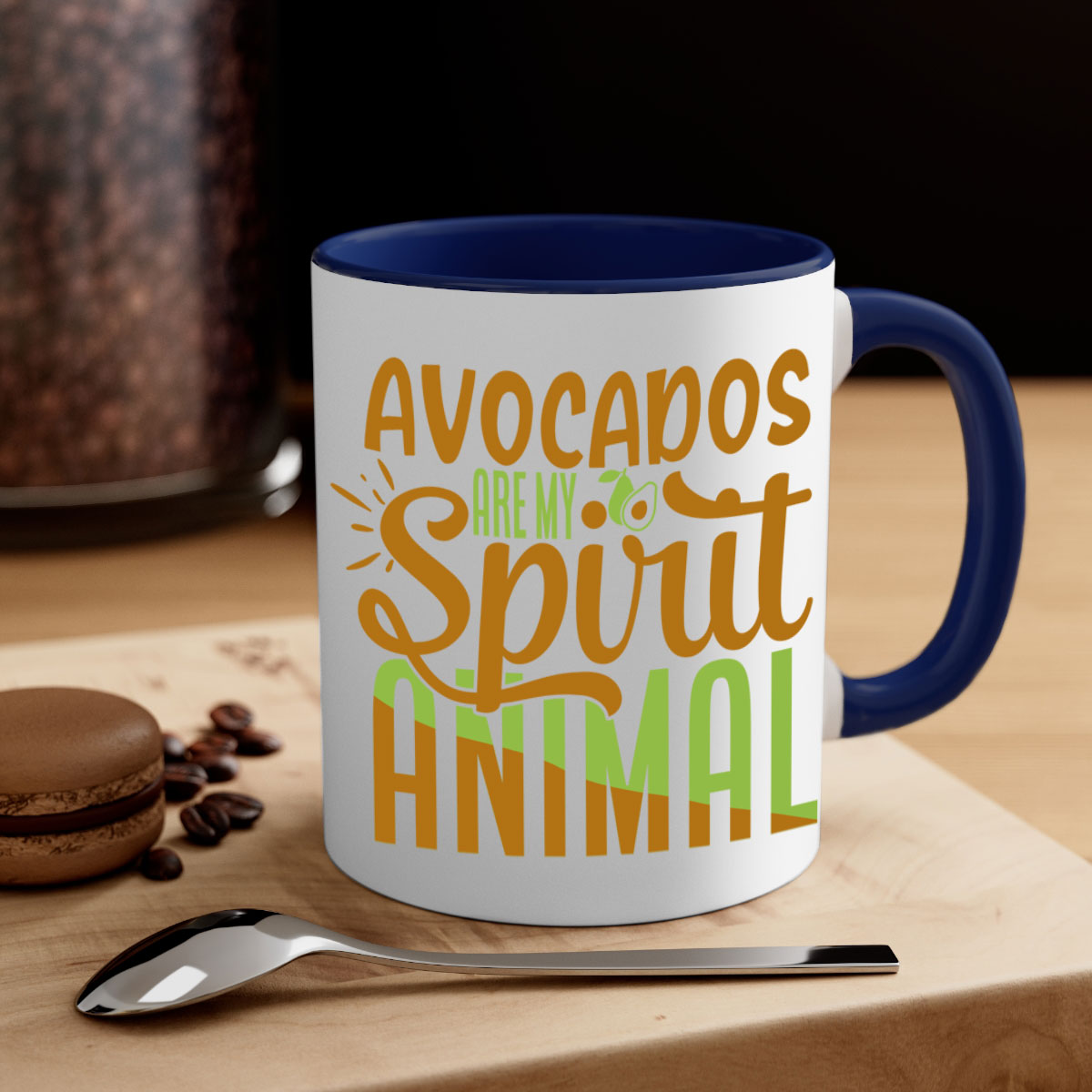 A stylish two-tone avocado-themed coffee mug with a glossy finish and a C-shaped handle, available in multiple colors.