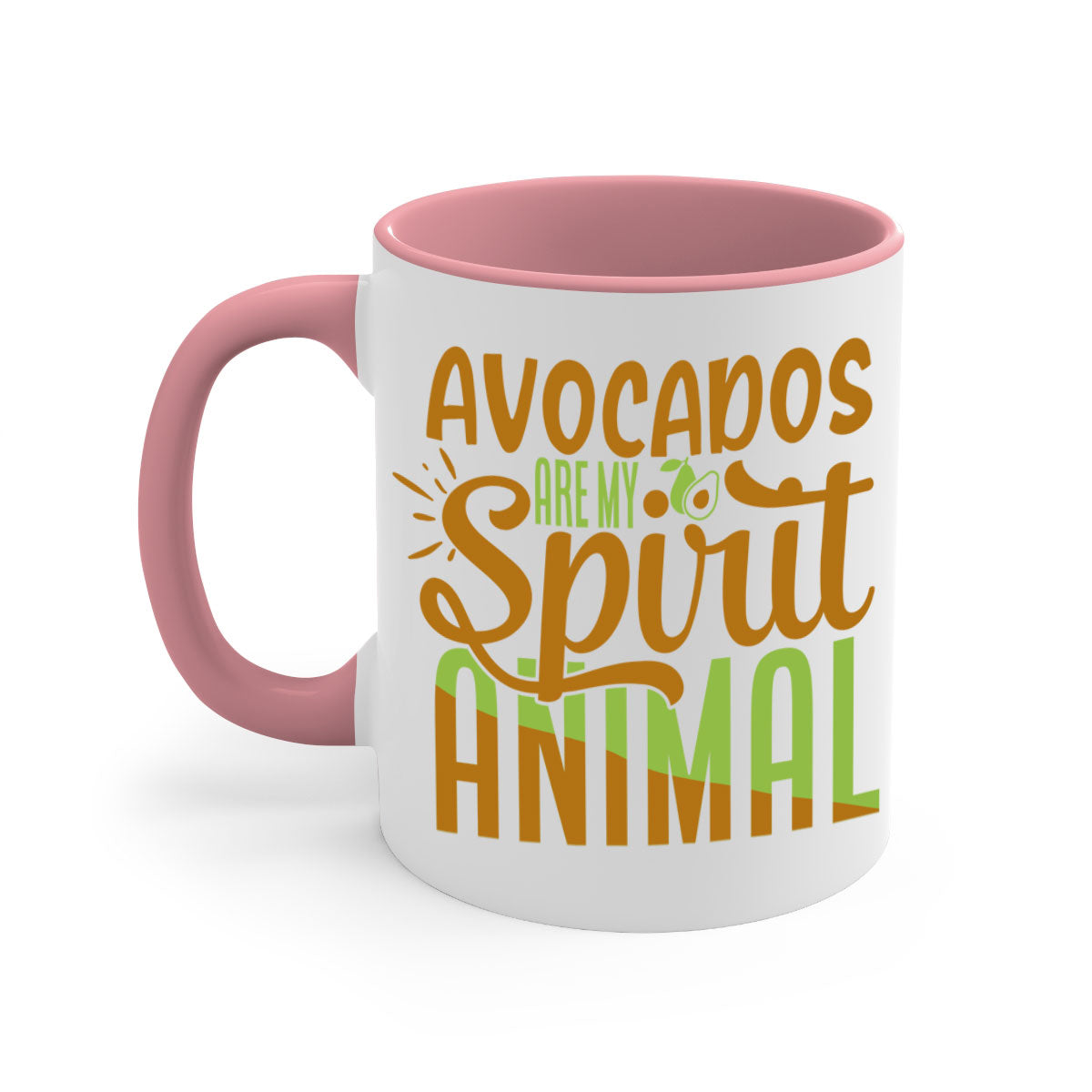 A stylish two-tone avocado-themed coffee mug with a glossy finish and a C-shaped handle, available in multiple colors.