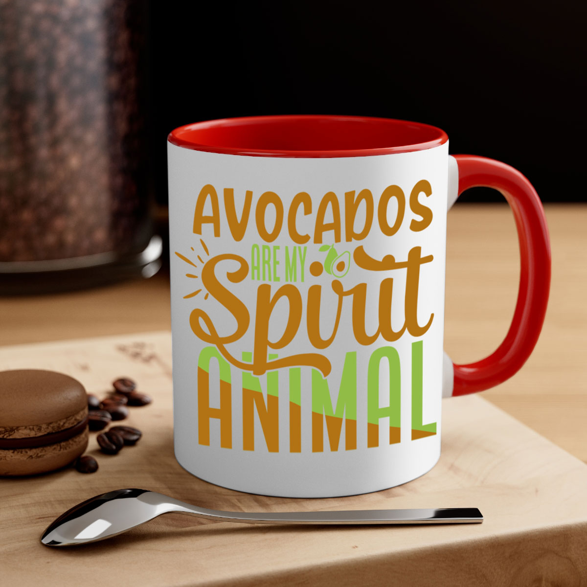 A stylish two-tone avocado-themed coffee mug with a glossy finish and a C-shaped handle, available in multiple colors.