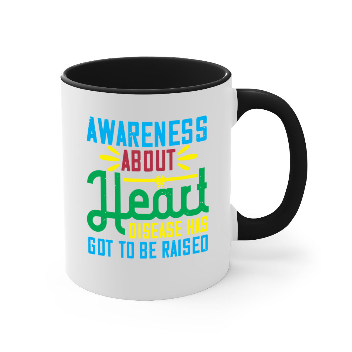 Two-tone ceramic mug with colored handle and glossy finish, promoting heart disease awareness.