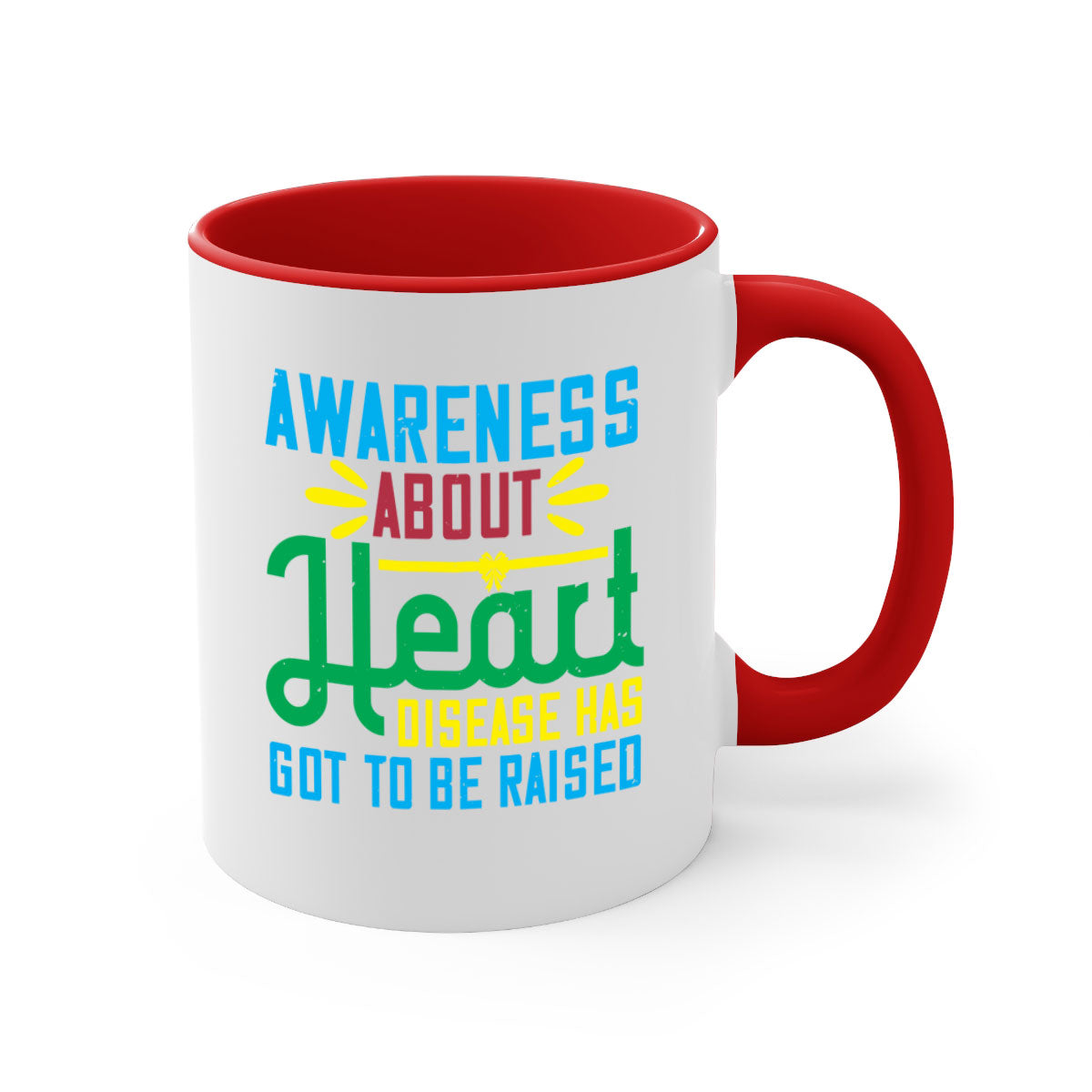 Two-tone ceramic mug with colored handle and glossy finish, promoting heart disease awareness.