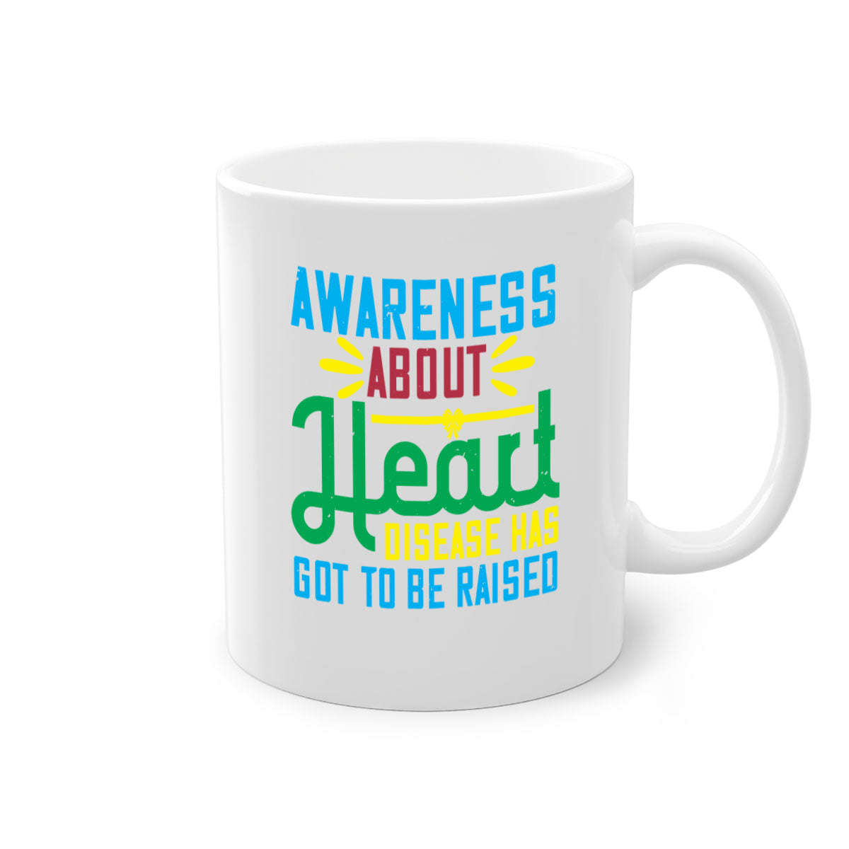 Two-tone ceramic mug with colored handle and glossy finish, promoting heart disease awareness.